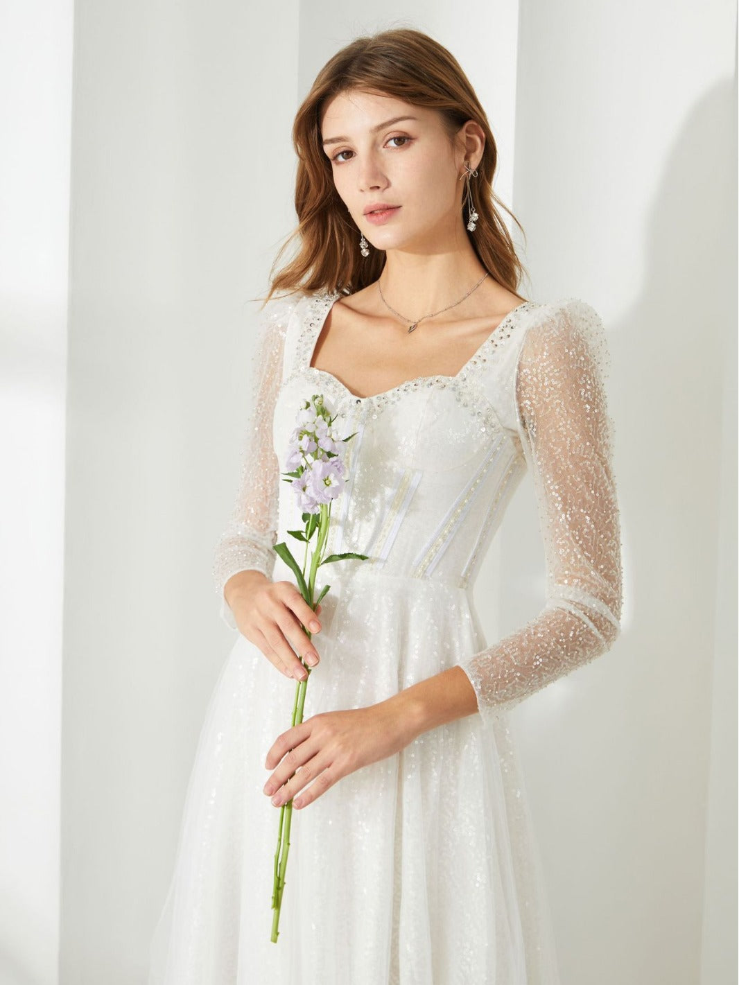 Sparkly White Sweetheart Long Sleeves Sequined Tea Length Prom Dress