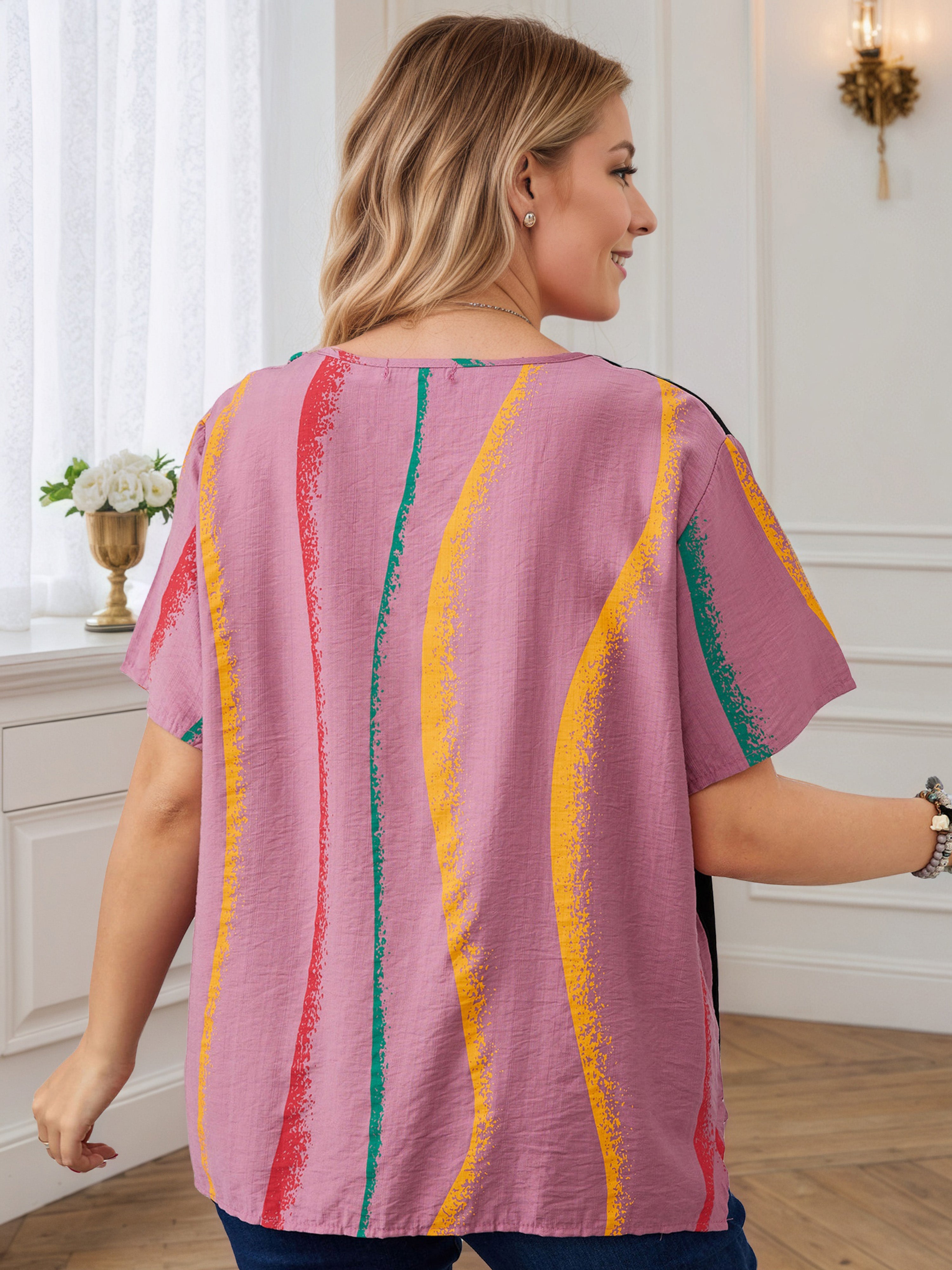 Plus Striped Print Pink Contrast Blouse
