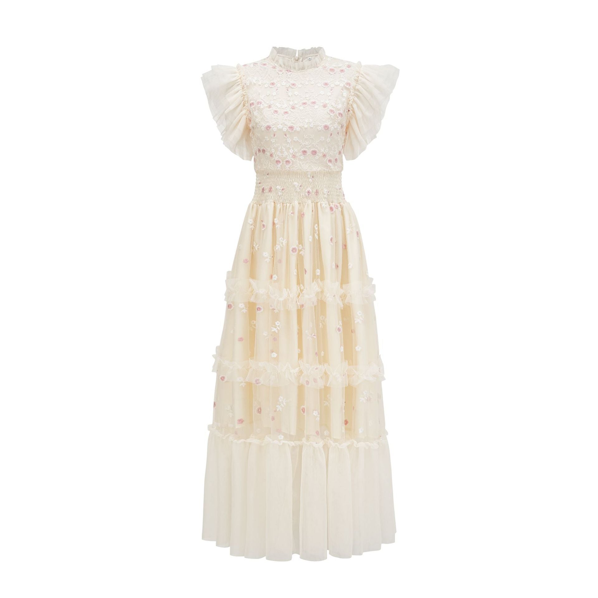 Sweet Apricot Floral Appliques Ruffle Sleeves Prom Dress
