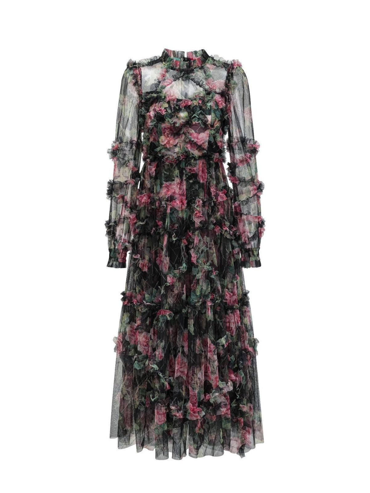 Sweet Floral Black Printed Long Puffy Sleeve Ruffle Tulle Prom Dresses