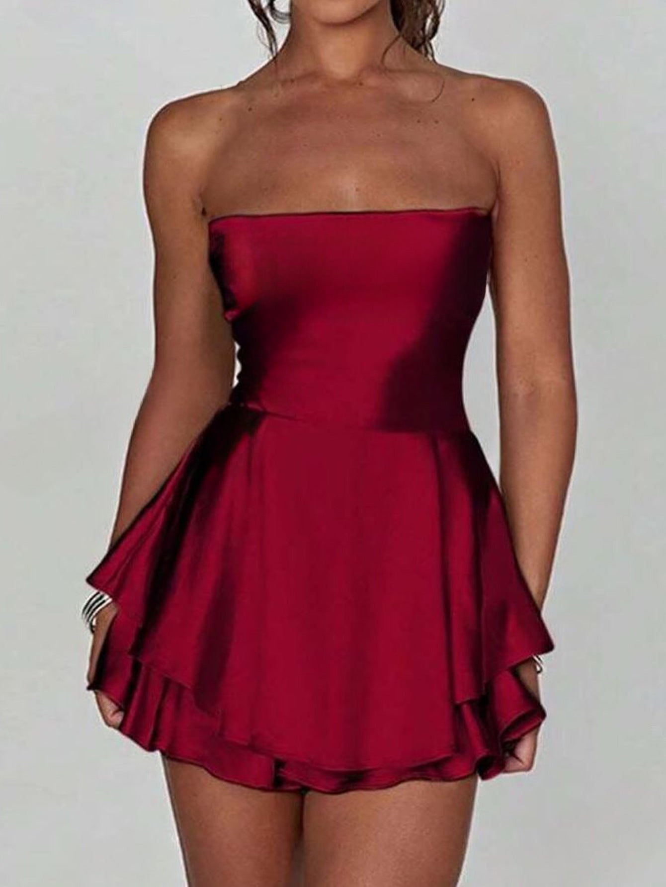 Satin Red Strapless Sleeveless Ruffle Lace Up Wedding Guest Dress
