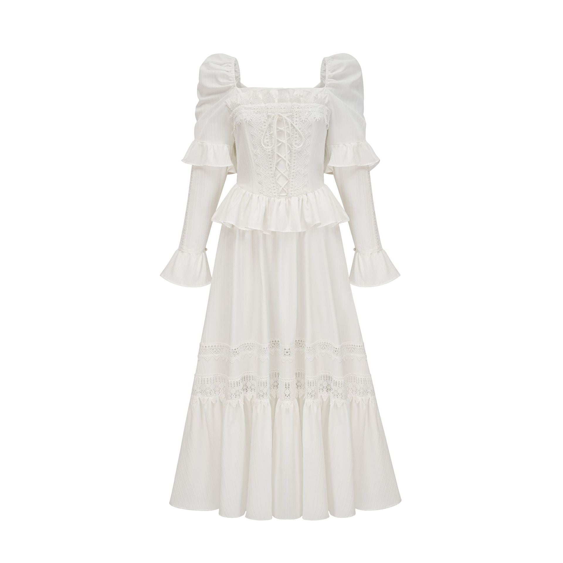 Princess Flared Sleeves Square Neck Waistband Lace Appliques White Maxi Prom Dress