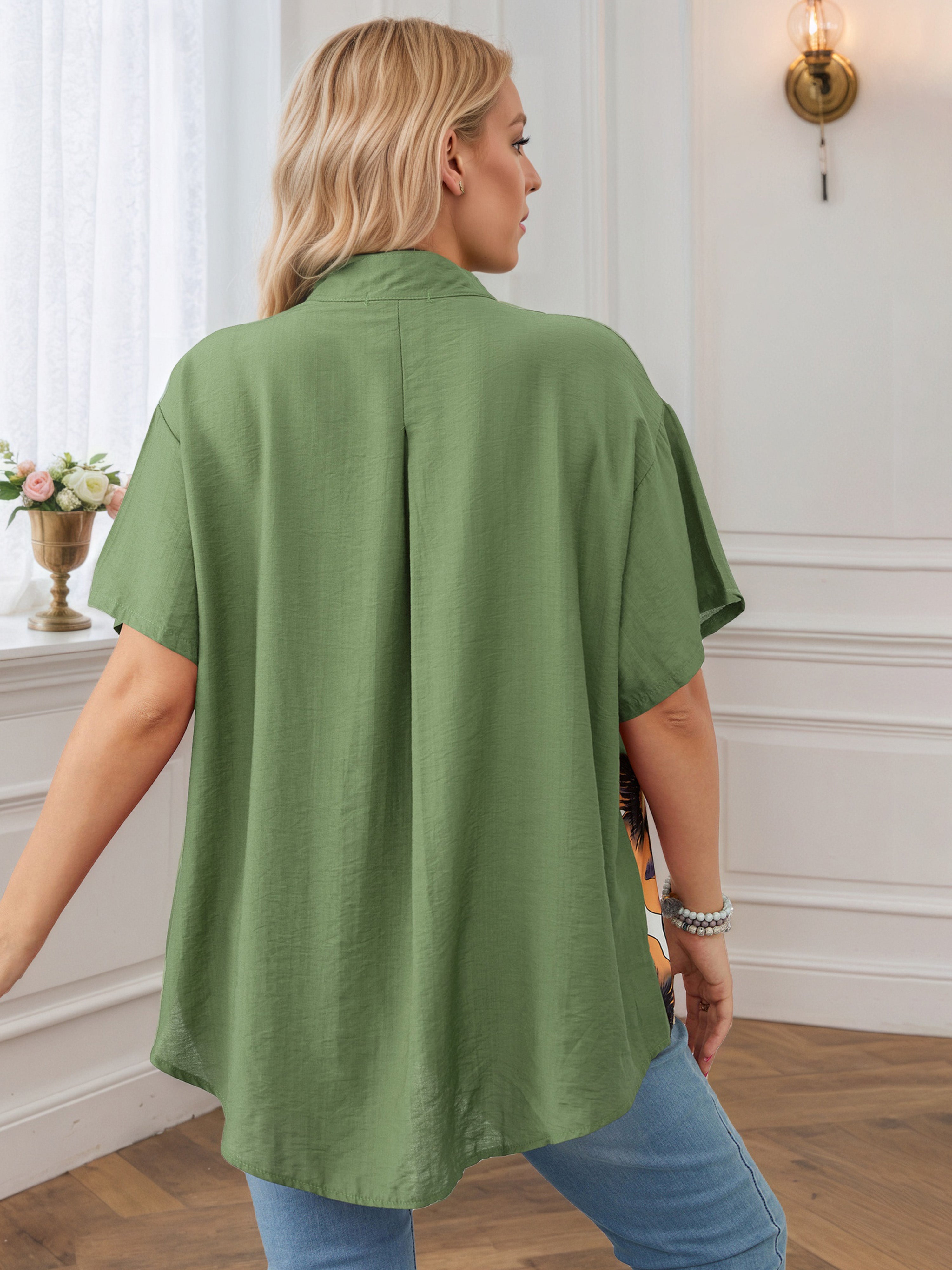 Plus Contrast Printed Plain Patchwork Olive Green Blouse