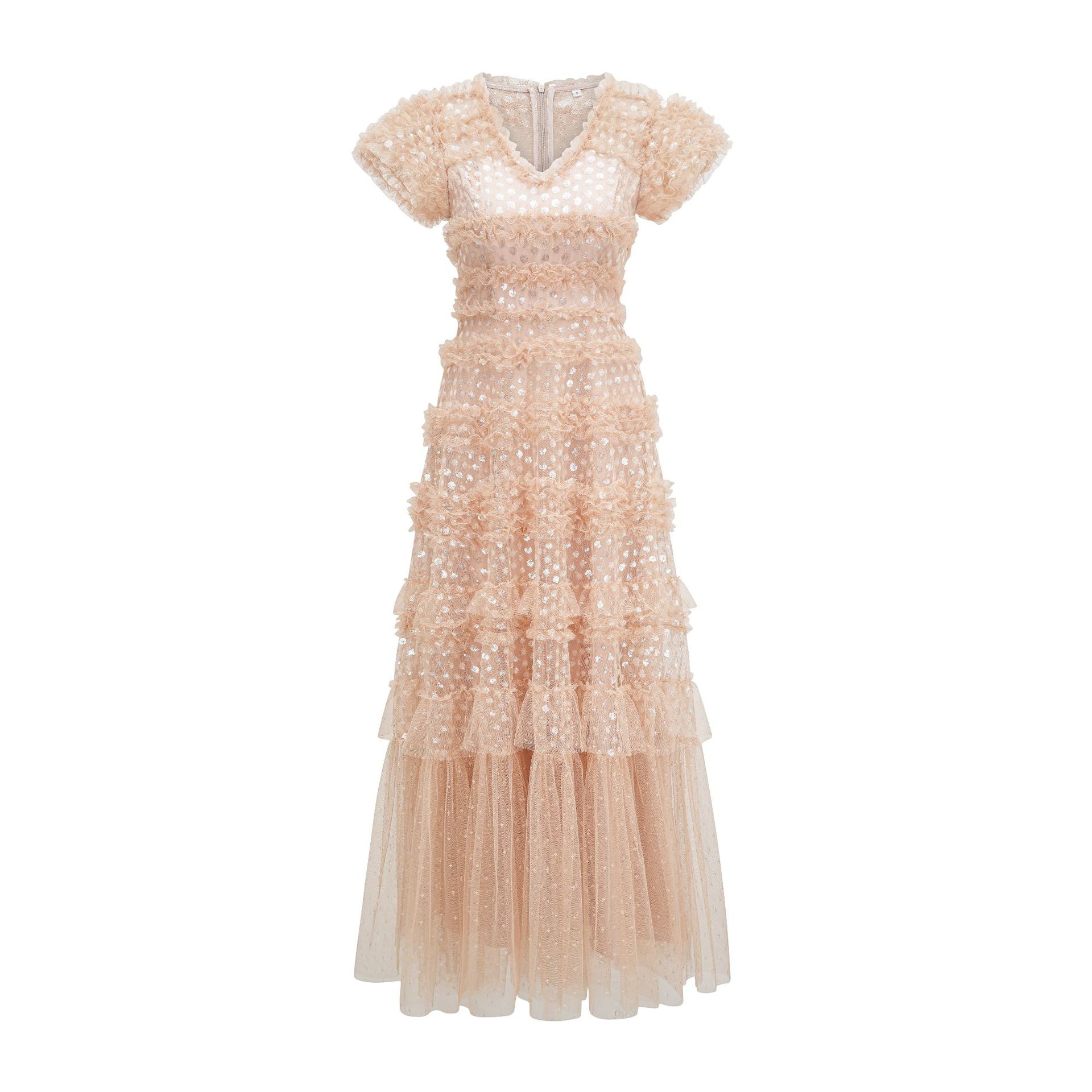 Sparkly V-neck Short Sleeves Sequins Long Prom Dress