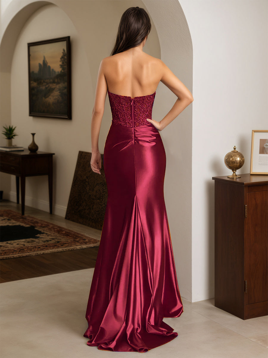 Cicinia Burgundy Prom Dresses Stretch Satin Trumpet Strapless Appliques Slit Lace Evening Dress