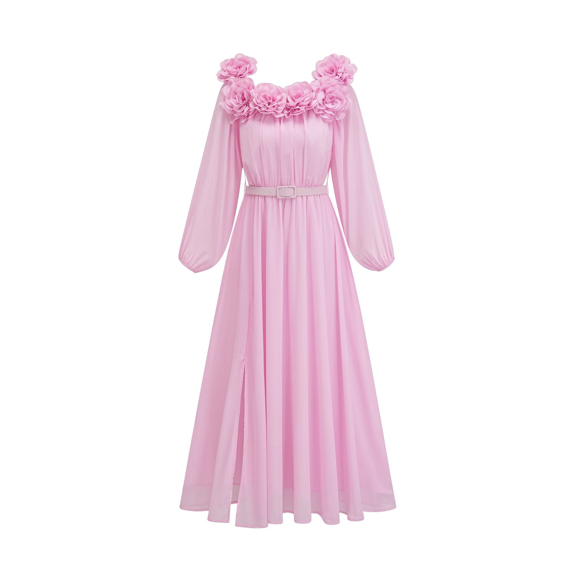 Elegant Pink Ruffle Long Sleeves Prom Dresses With Belt