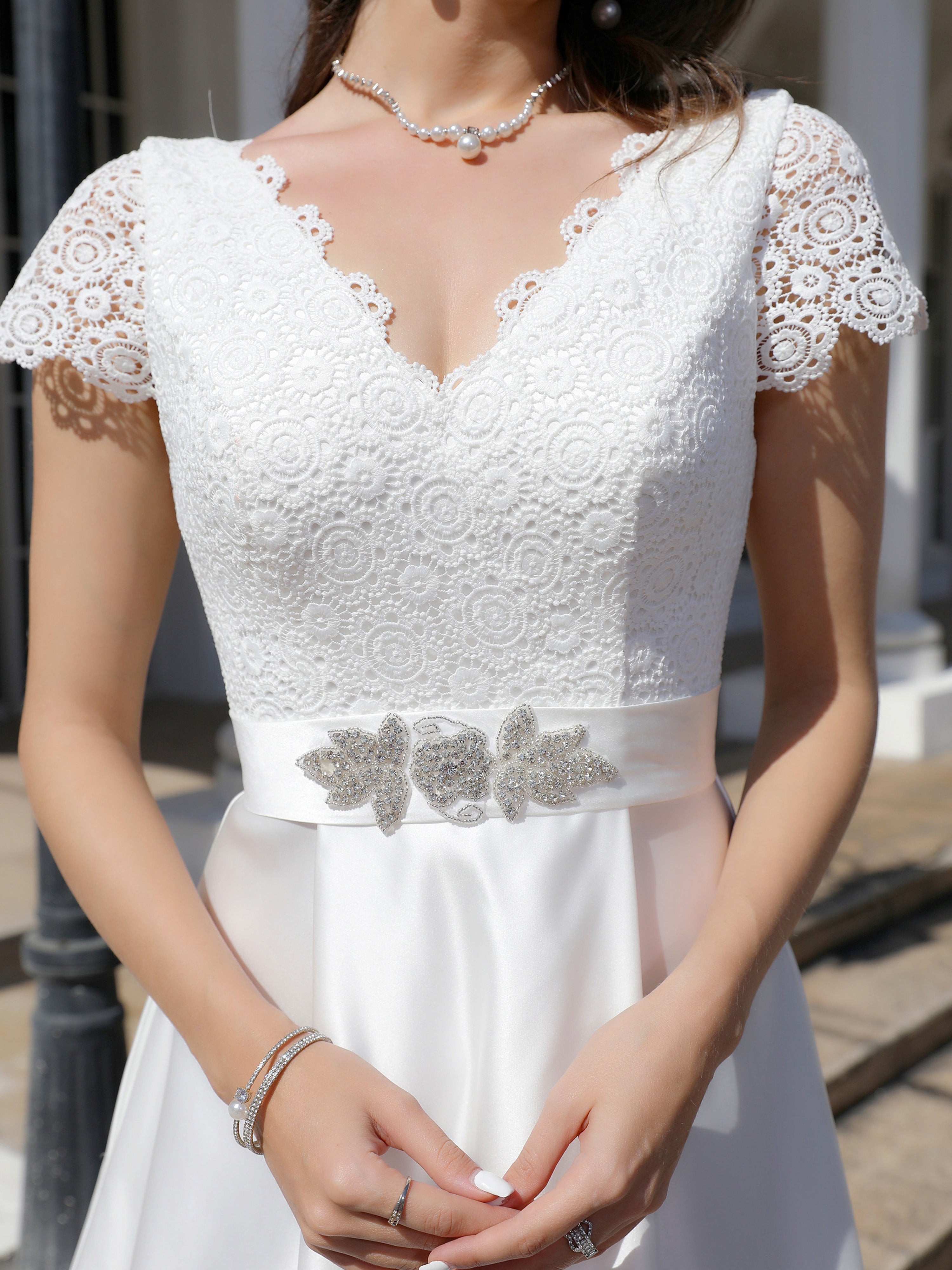 Sweep/Brush Train A Line Short Sleeves Lace Satin Wedding Dress With Beading