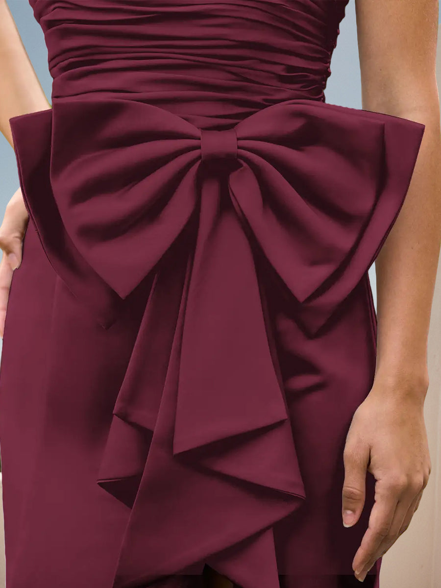 Cicinia Mulberry Prom Dresses Stretch Fabric Bowknot Sheath Slit Strapless Evening Gowns
