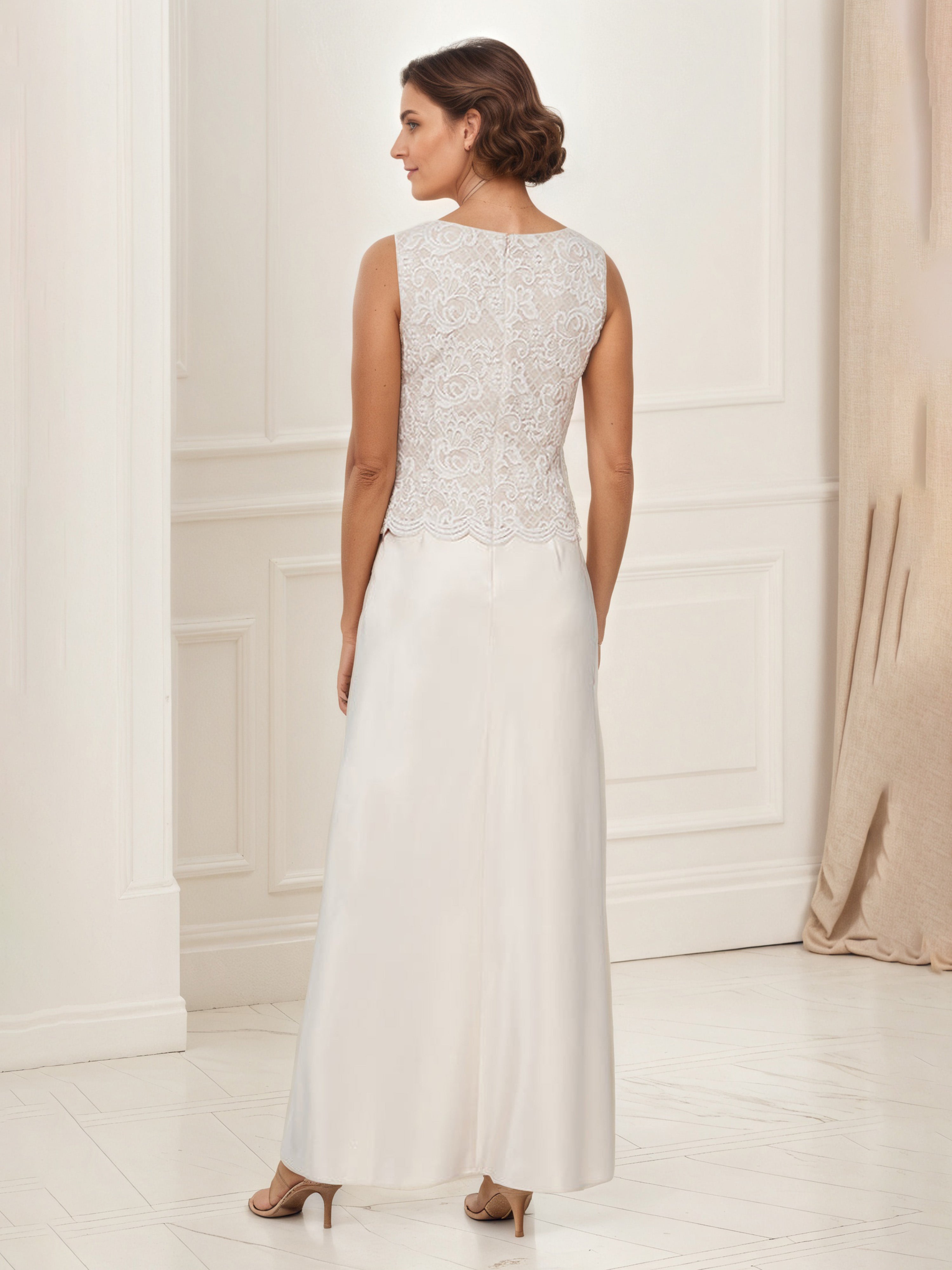 Glitter Lace Bodice Satin Taupe Mother Of The Bride Dress with Lace Jacket