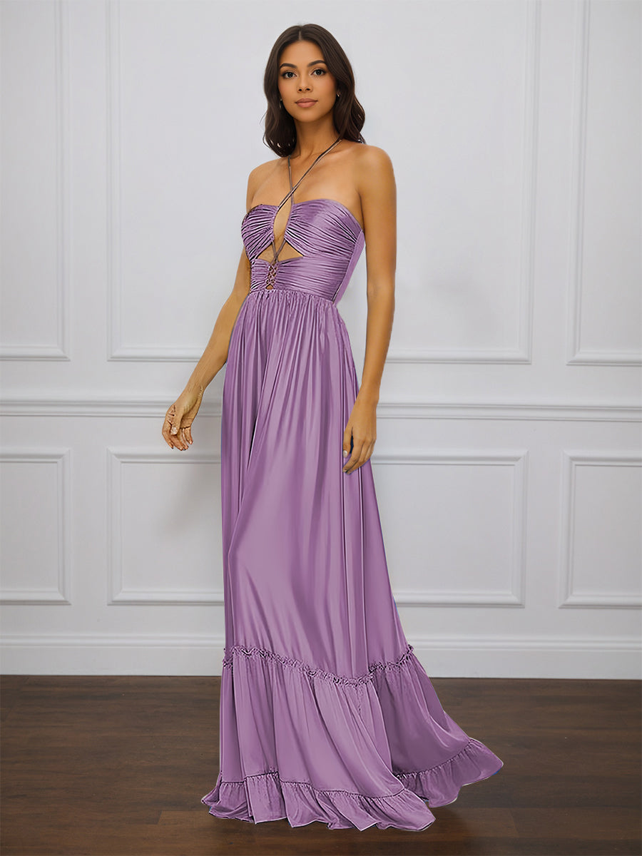 Cicinia Wisteria Prom Dress with Spaghetti Straps Ruched Soft Satin A-Line Formal Evening Gowns