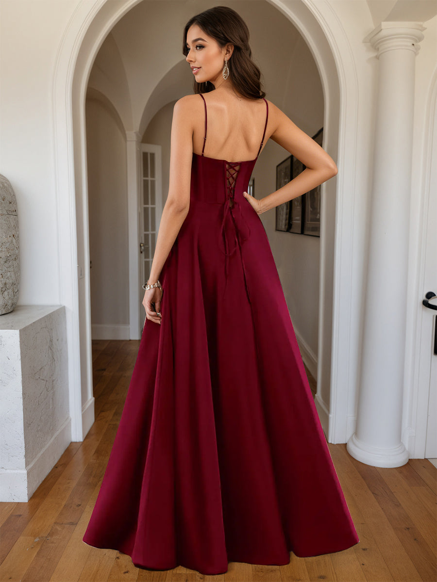 Cicinia Burgundy Prom Dresses Satin Sweetheart A-Line Spaghetti Straps Floor Length with Split