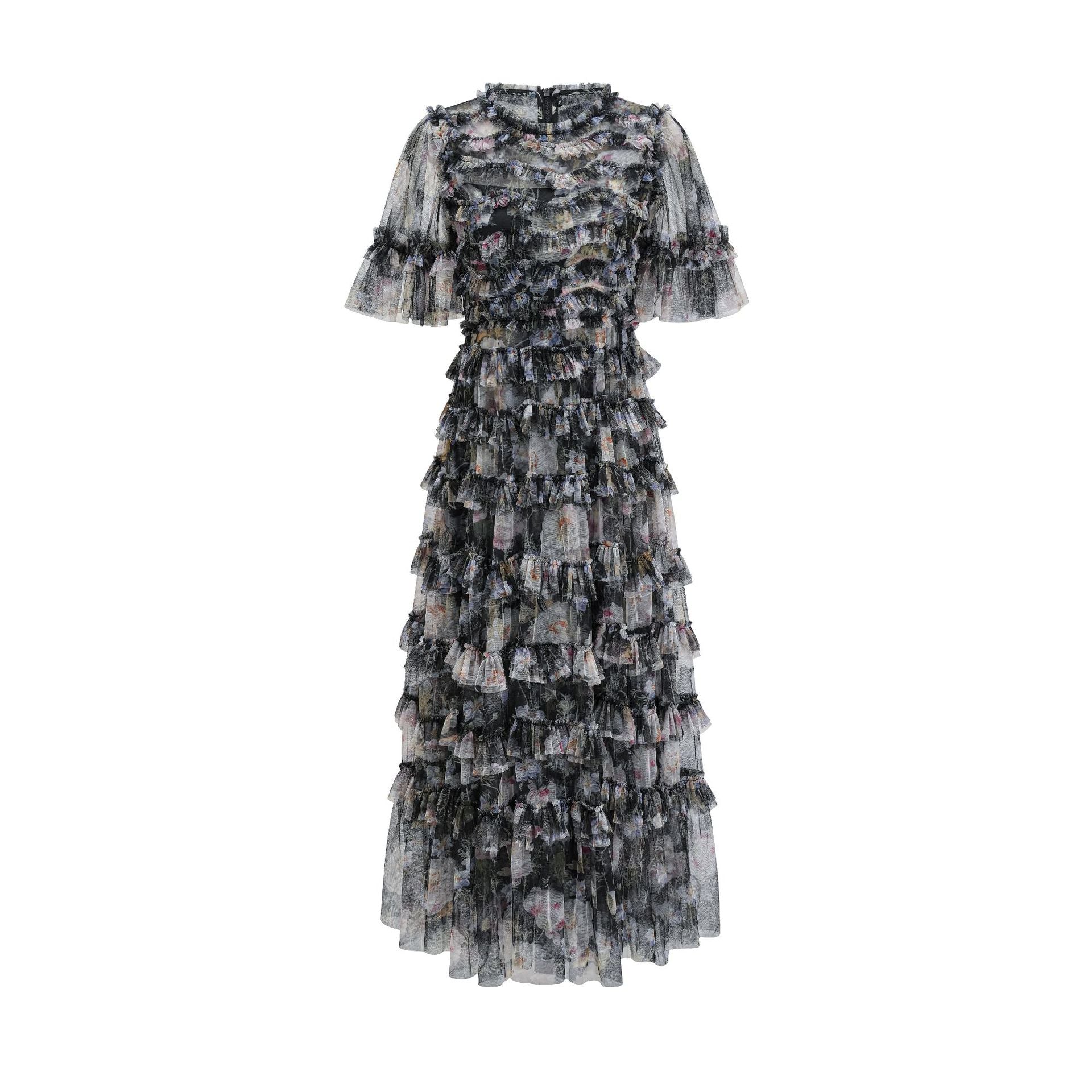 Black Short Sleeve Floral Printed Tulle Ruffled Prom Dresses