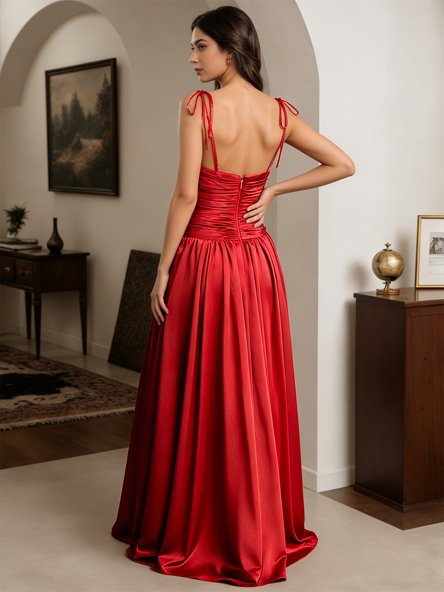 Cicinia Red Prom Dresses A-Line Satin Spaghetti Straps Pleats Long Party Gowns