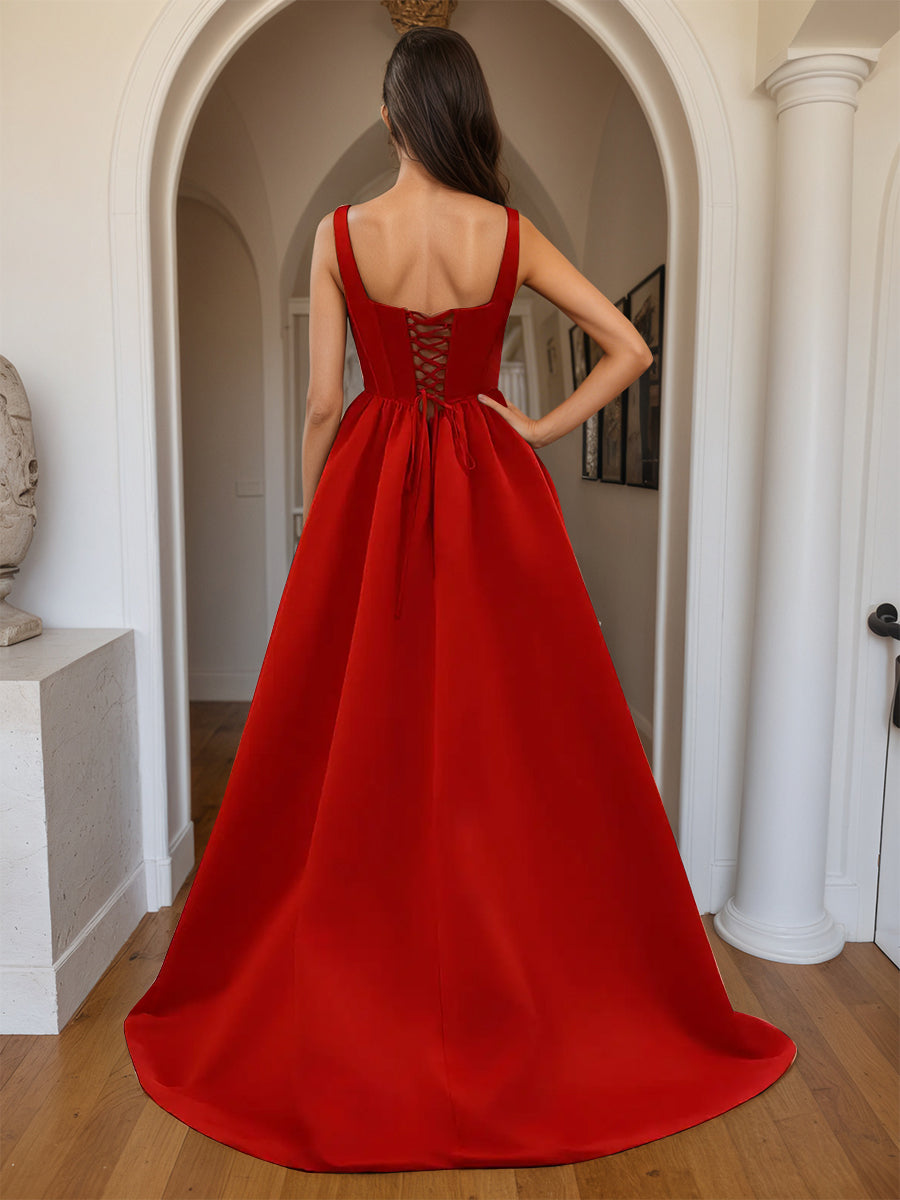 Cicinia Red Prom Dresses Satin A-Line with Square Neckline Split Party Gowns