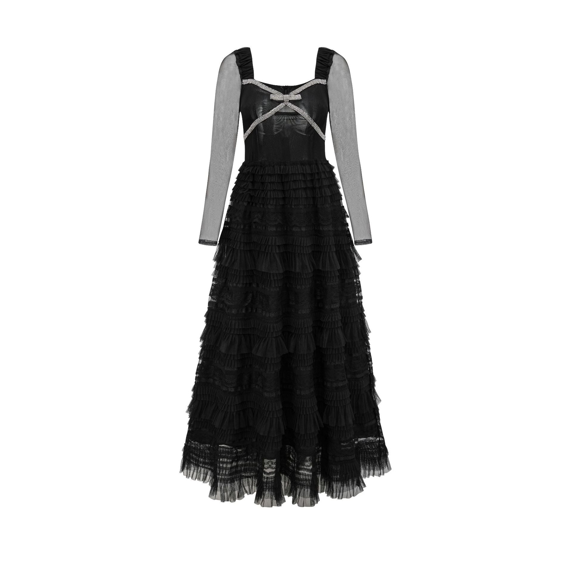 Elegant Square Neck A Line Sleeves Black See Through Long Prom Dress