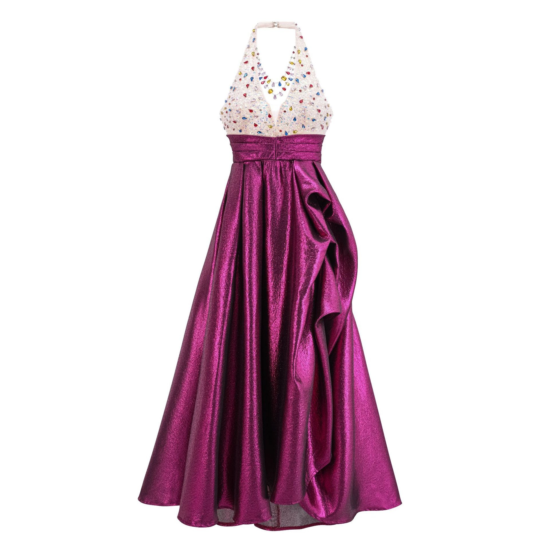 V-Neck Halter Backless Diamonds Fuchsia Beading Prom Dress