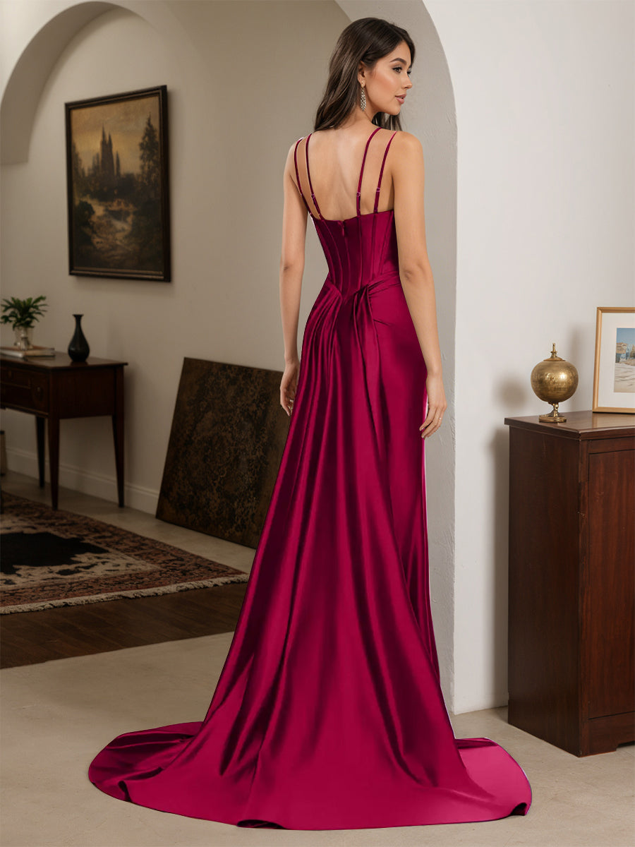 Cicinia Burgundy Prom Dresses Sheath Spaghetti Straps Beading Evening Dress with Split