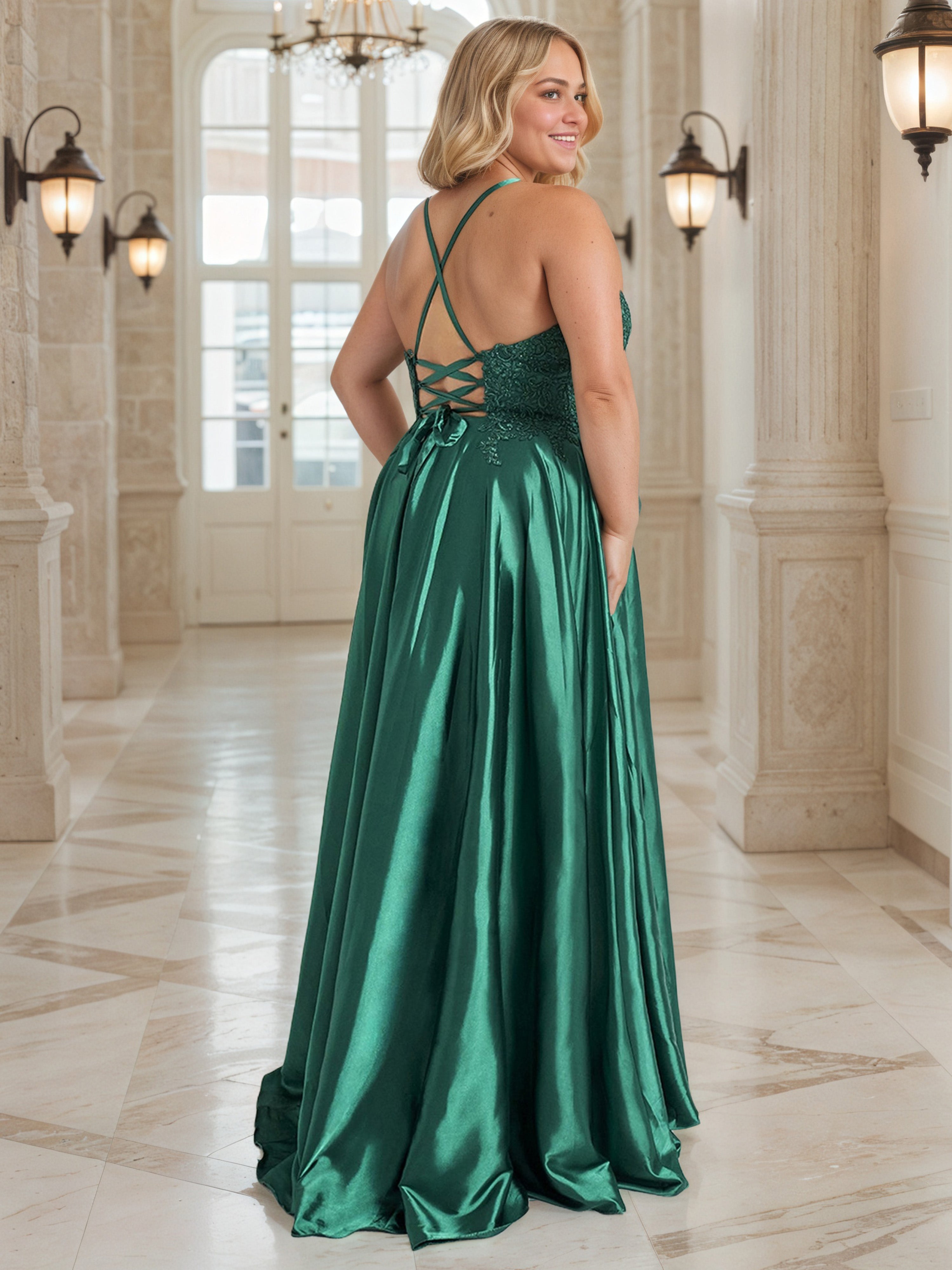 Peacock Lace Appliques Spaghetti Straps V-Neck Prom Dress Sleeveless Long Plus Size Dress