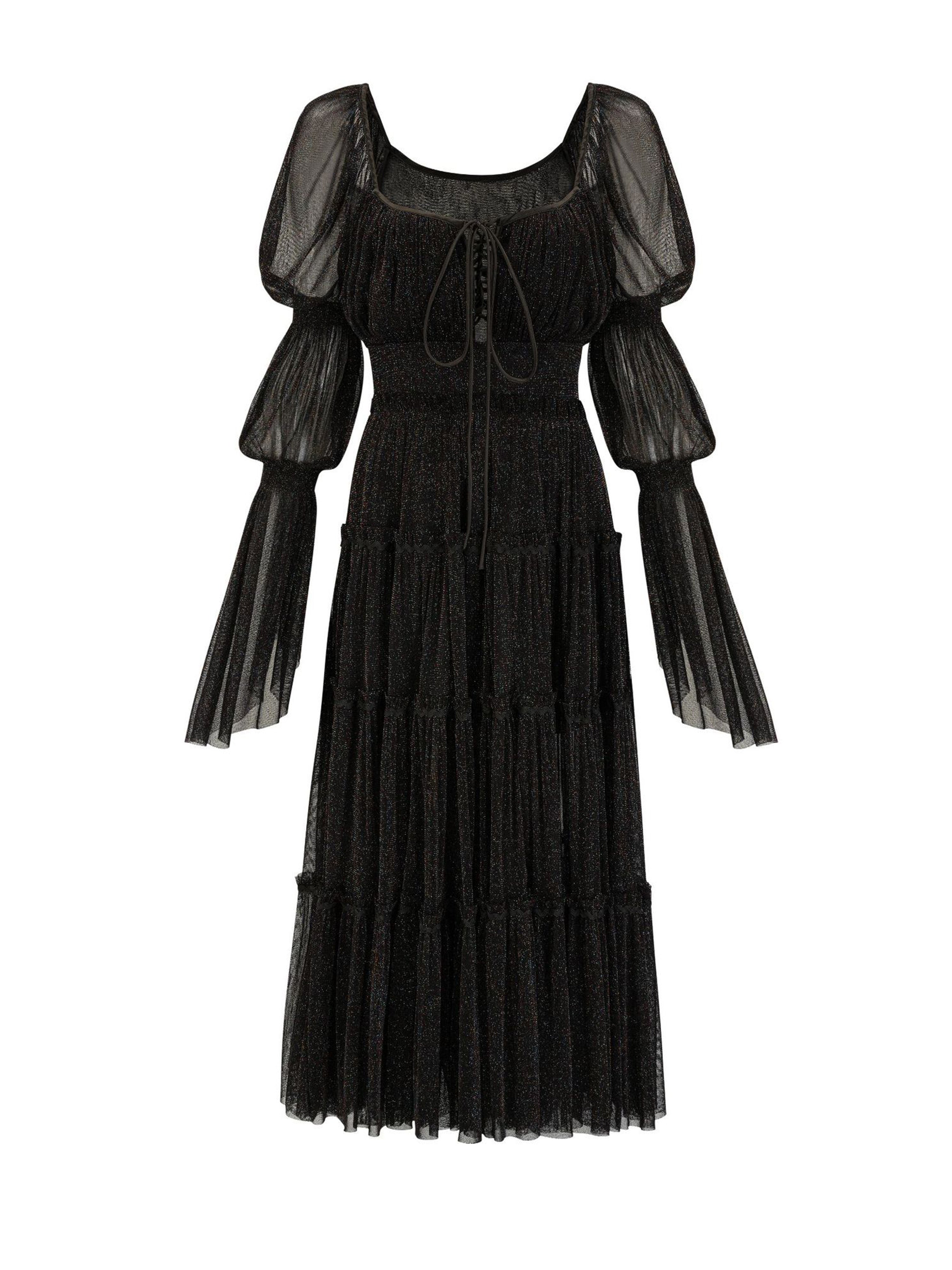 Square Neck Long Sleeves Shiny Black Mesh Prom Dress