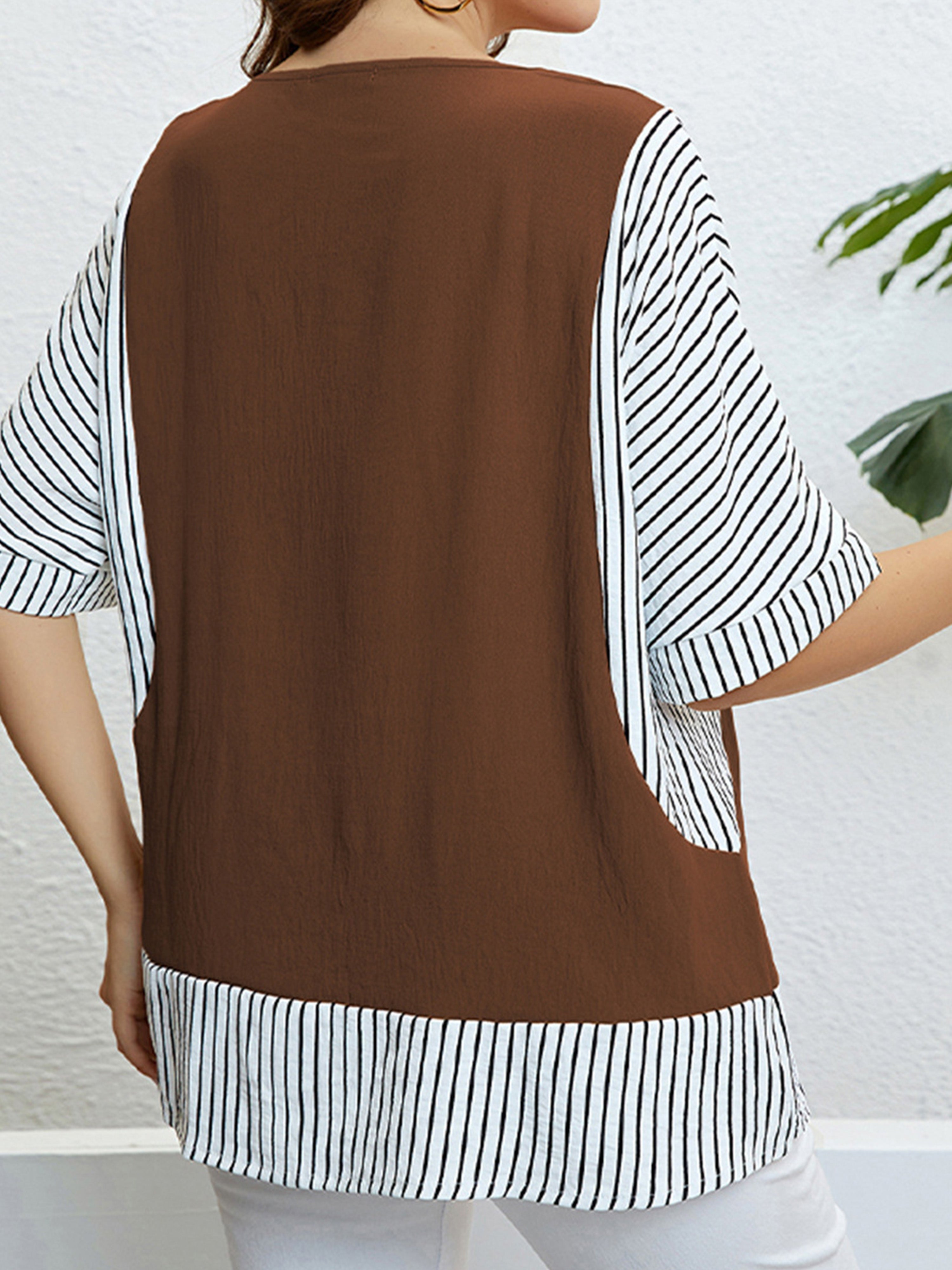 Striped Print Brown Round Neck Half Sleeve Tee