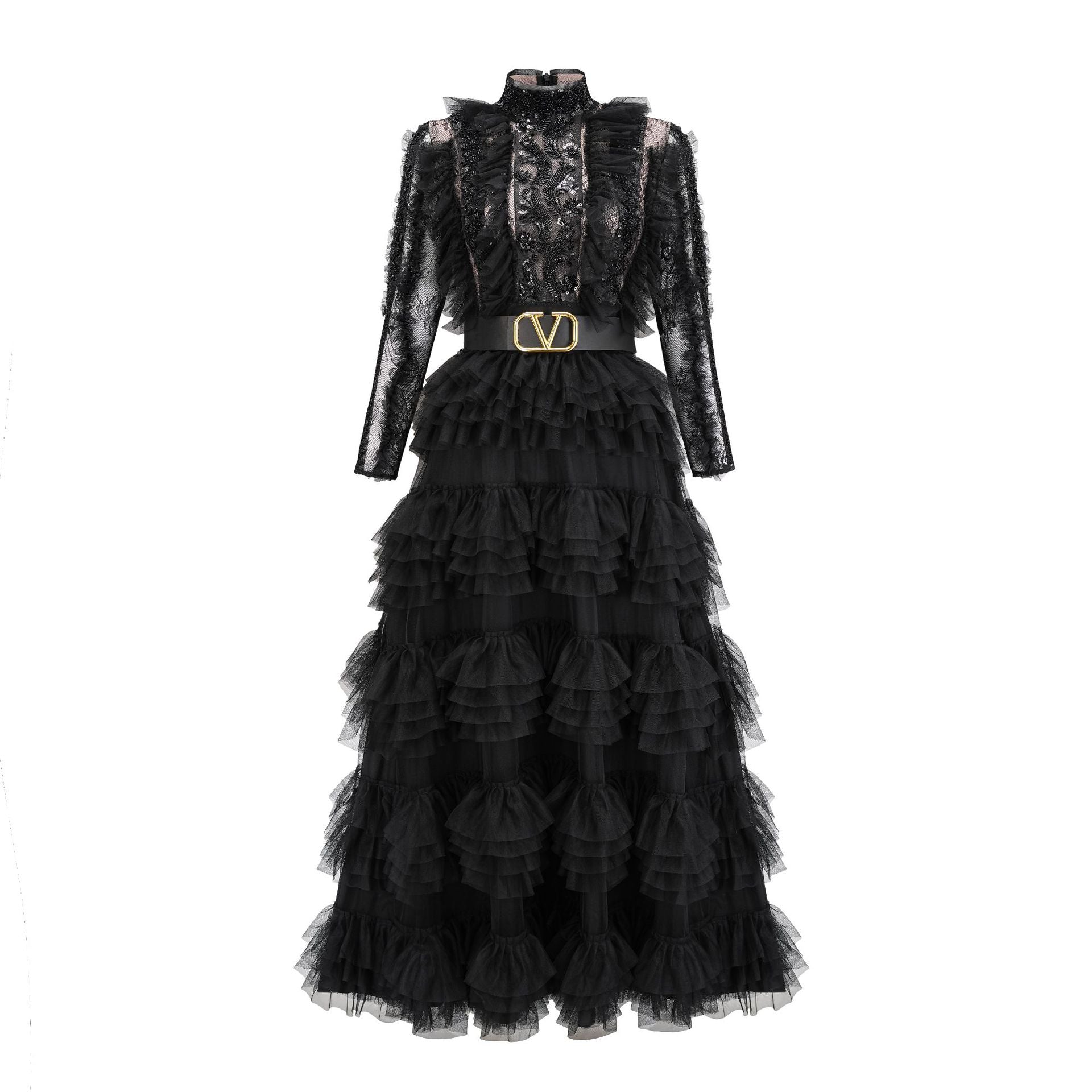 Elegant High Neck Sleeves Layers Prom Dress With Belt
