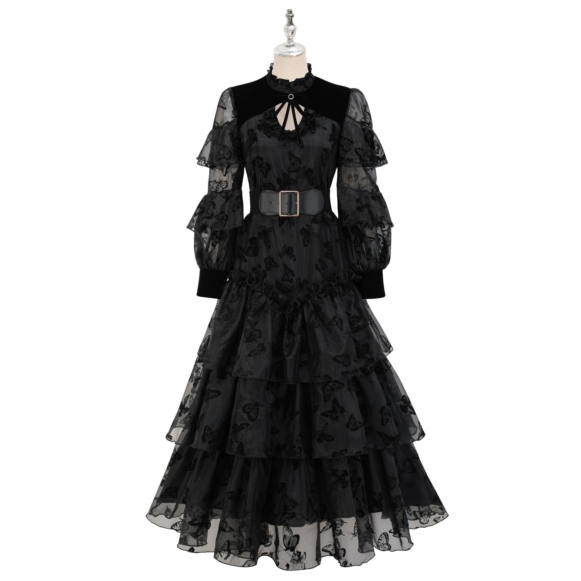 High Neck Lolita Butterfly Printed Layered Long Black Prom Dresses with Belt