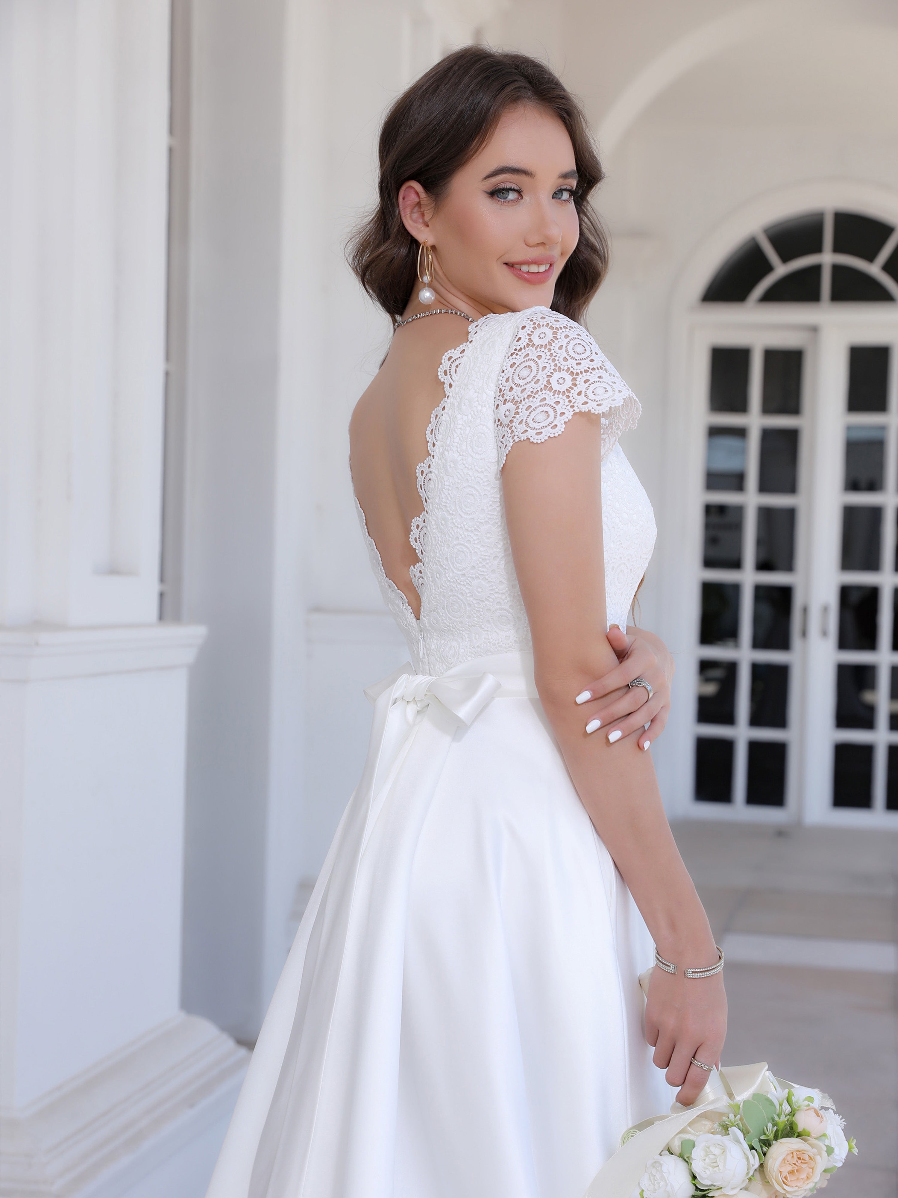 Sweep/Brush Train A Line Short Sleeves Lace Satin Wedding Dress With Beading