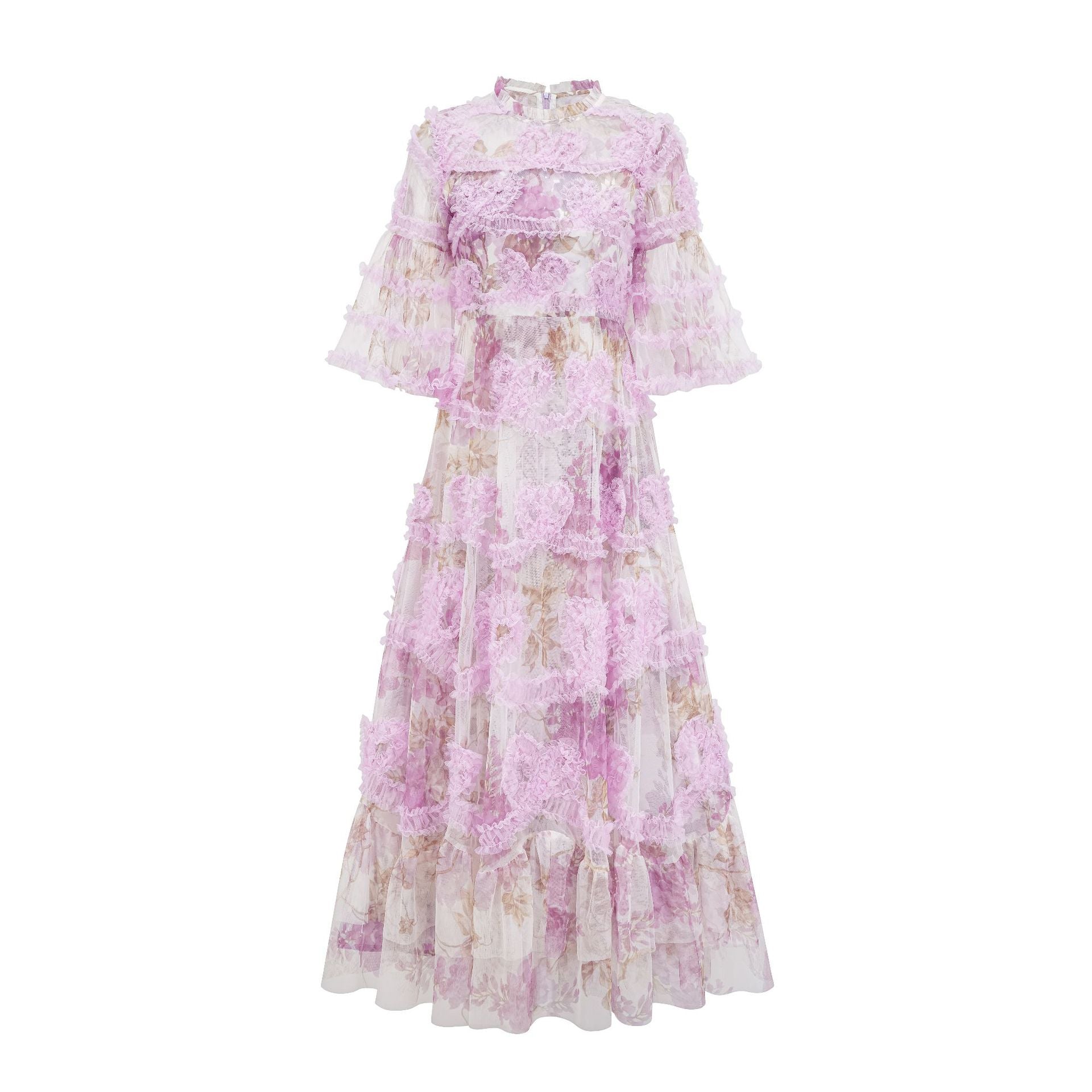 Floral Round Neck Short Sleeves A Line Long Seaside Prom Dress in Purple