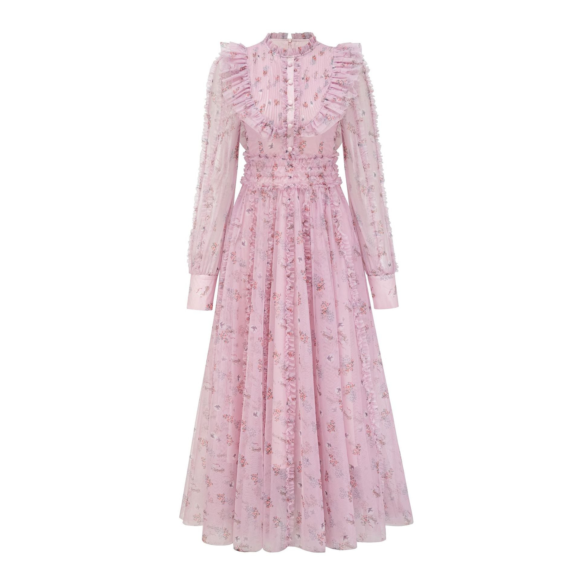 Elegant Pink Ruffled Long Sleeve Floral Maxi Prom Dress