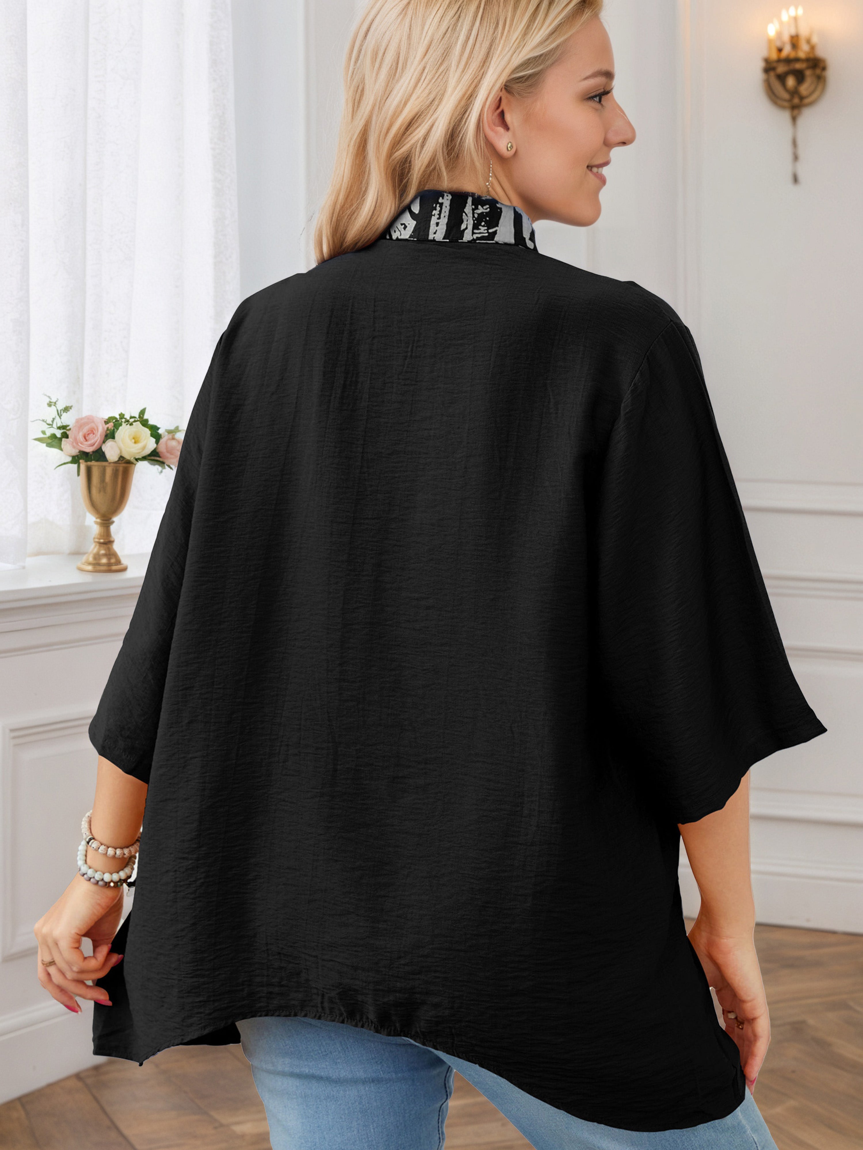 Plus Front Bottom Black Round Neck Asymmetrical Hem Tee