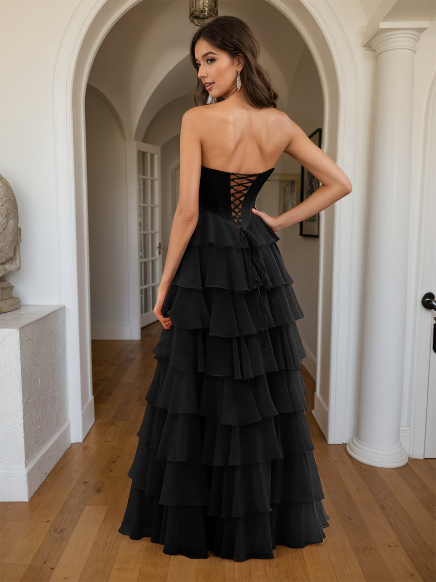 Cicinia Black Prom Dresses Sweetheart A-Line Layers Floor Length Slit Evening Gowns