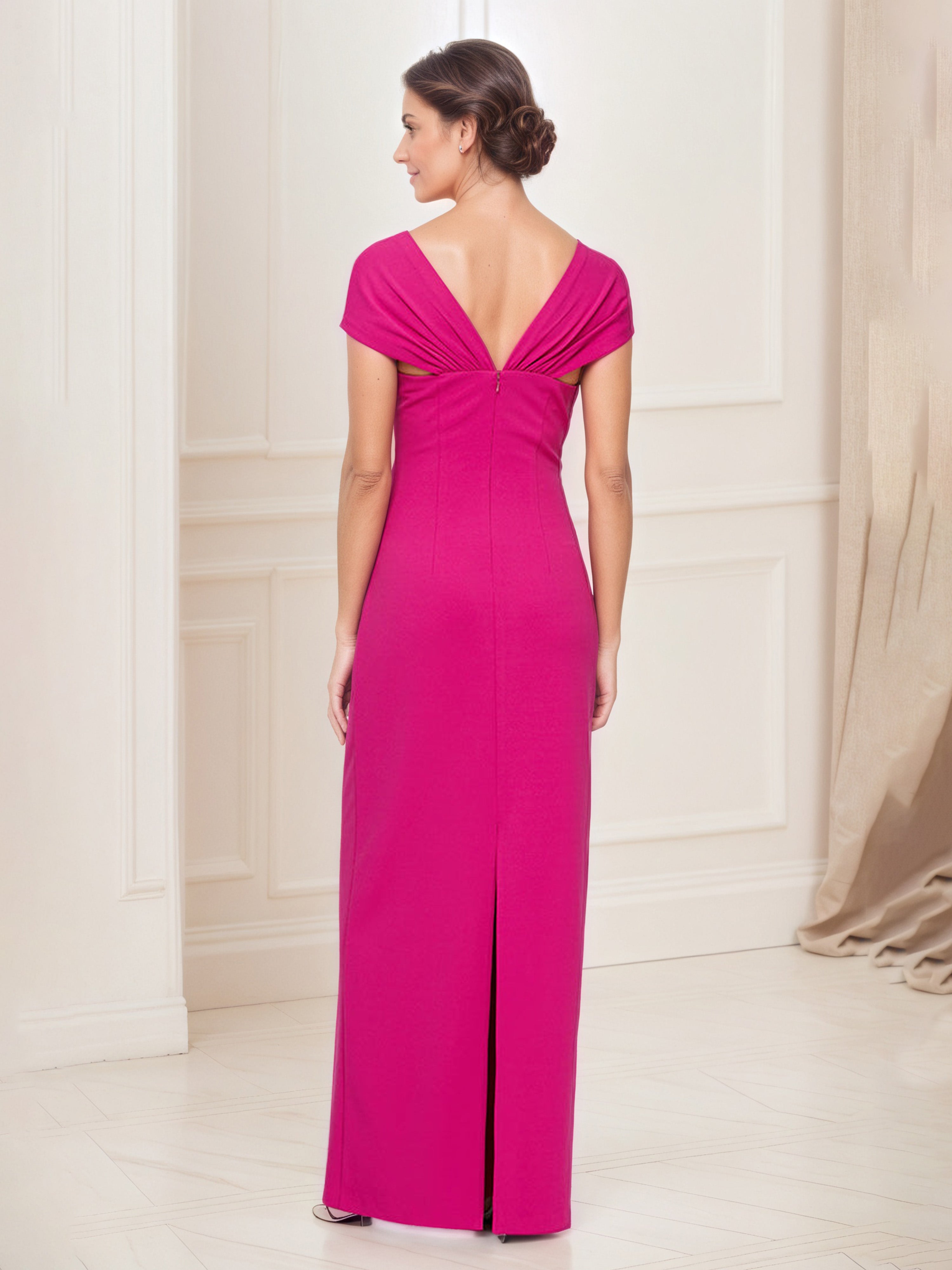 Fuchsia Mother Of The Bride Dress Sheath Beaded Neckline Illusion Sleeves Long Dress