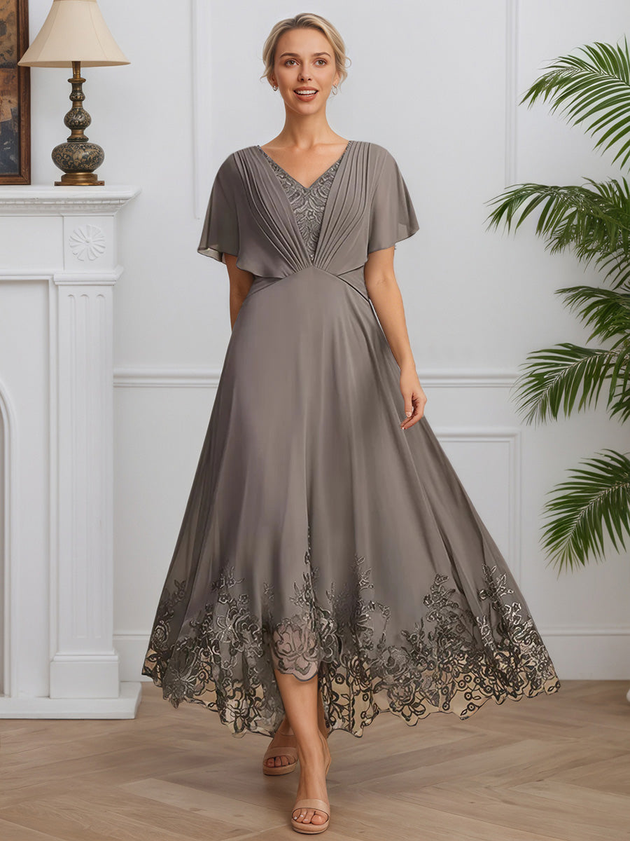 Cicinia Grey Mother Of The Bride Dresses Lace Chiffon A-Line V-Neck Long Short Sleeves