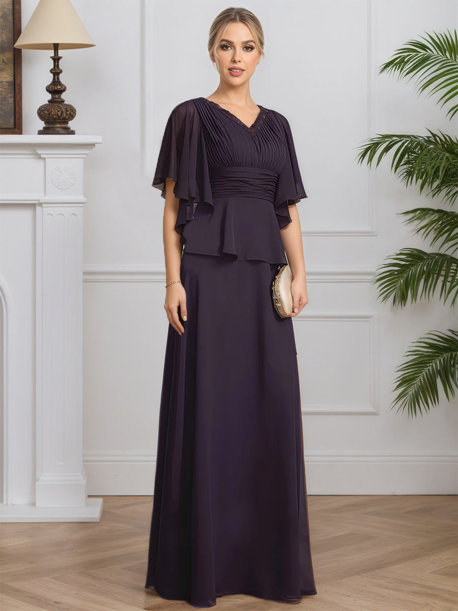 Cicinia Plum Mother Of The Bride Dresses Chiffon A-Line Beading V-Neck Short Sleeves