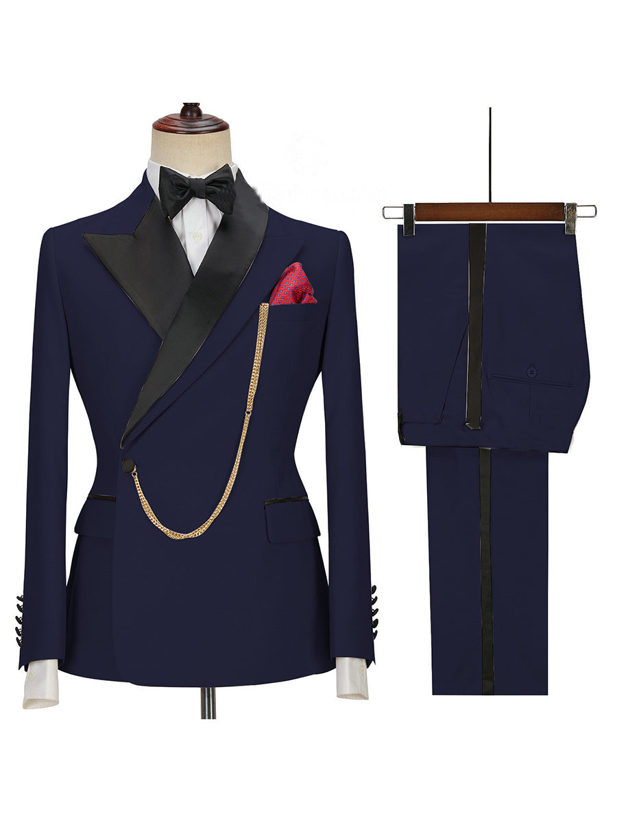 Dark Navy Prefect 2 Pieces Wedding Suits Solid Color Slim Fit Men's Suit