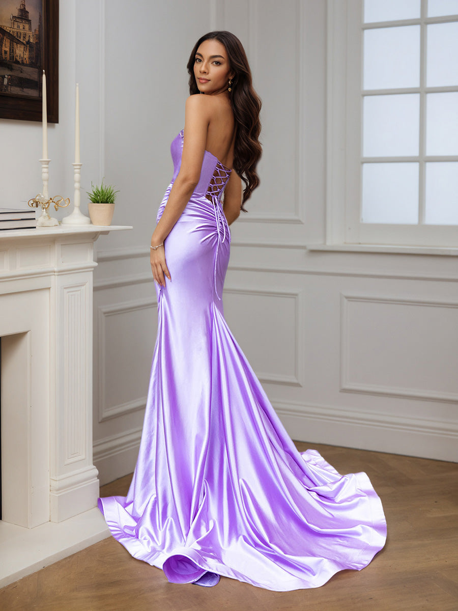 Cicinia Lilac Prom Dress Sheath Strapless with Slit Sweep Train Evening Gown