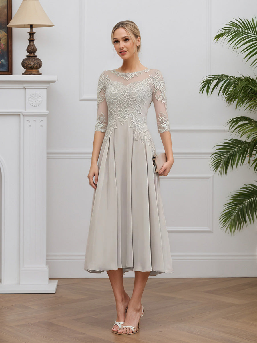 Cicinia Silver Mother Of The Bride Dresses Chiffon Lace A-Line Jewel Sleeves Tea Length