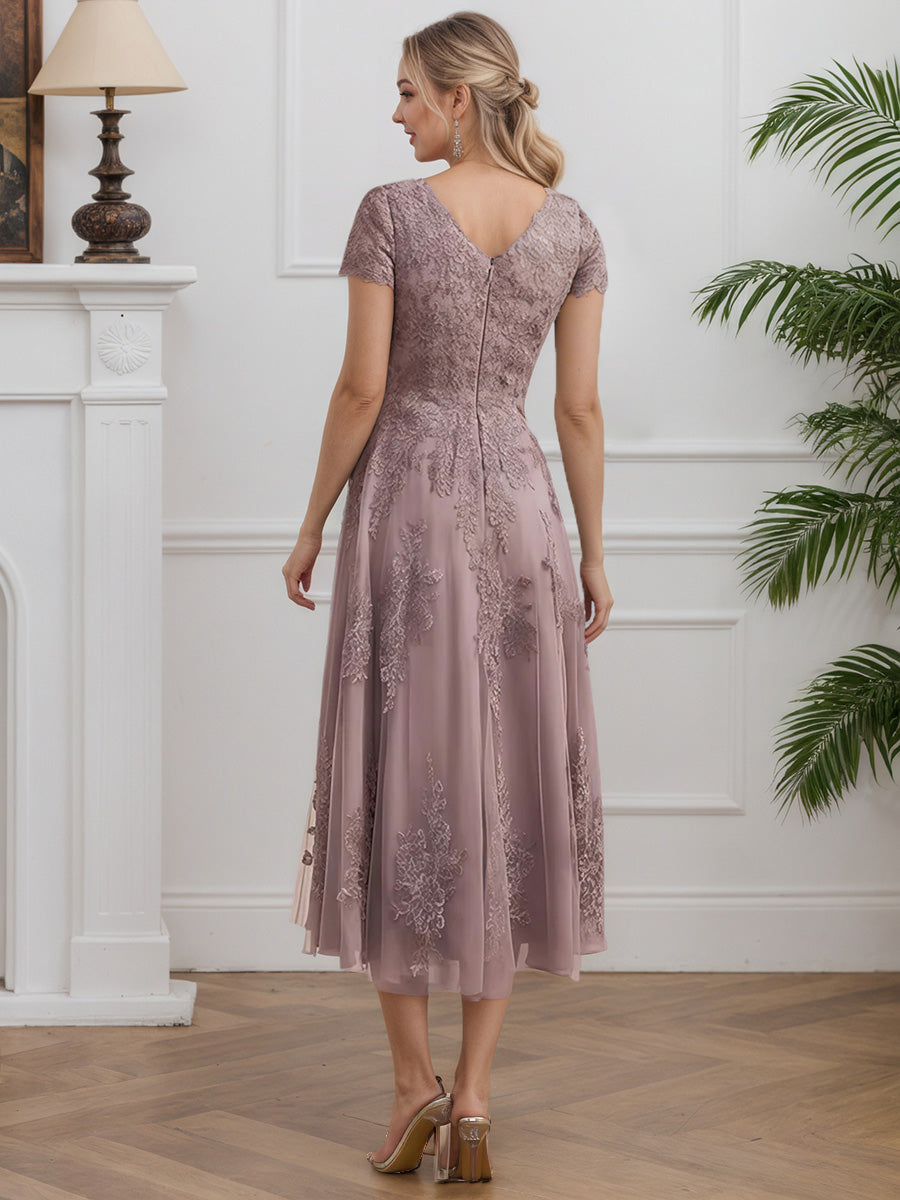 Cicinia Dusk Mother Of The Bride Dresses Chiffon Lace Jewel A-Line Tea Length Short Sleeves