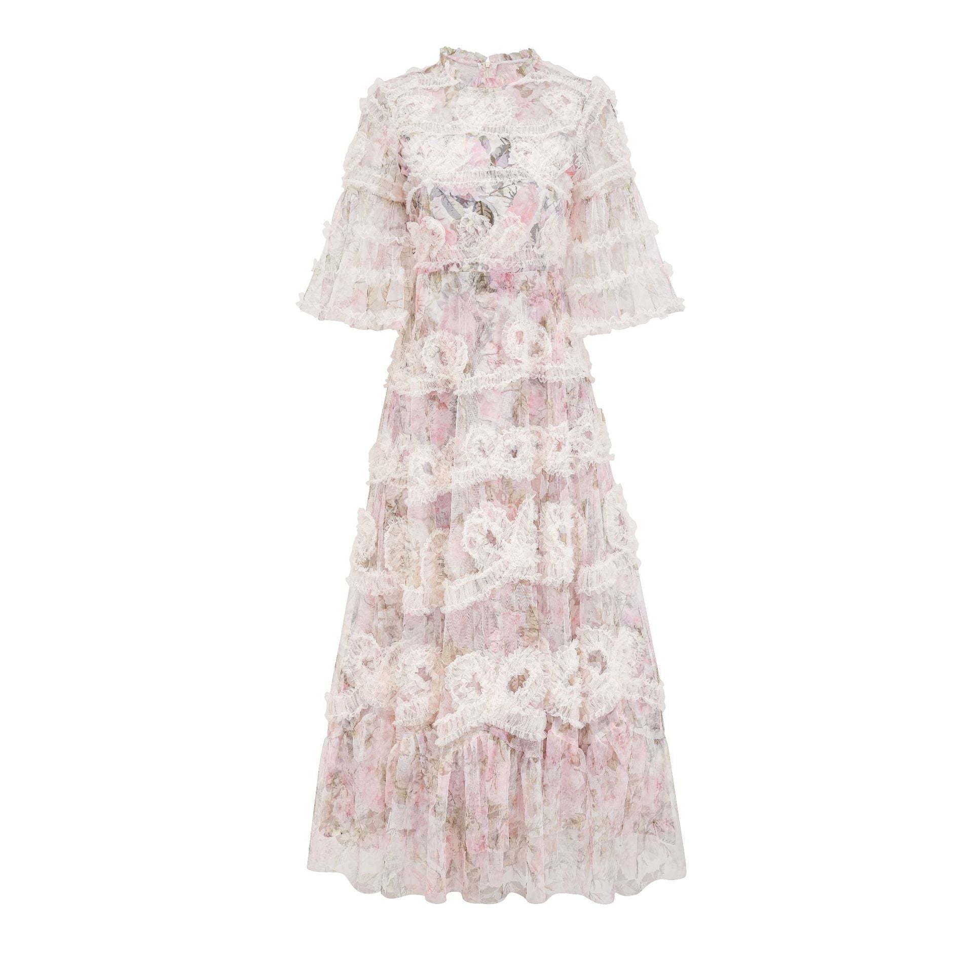 Floral Round Neck Short Sleeves A Line Long Seaside Prom Dress in Apricot