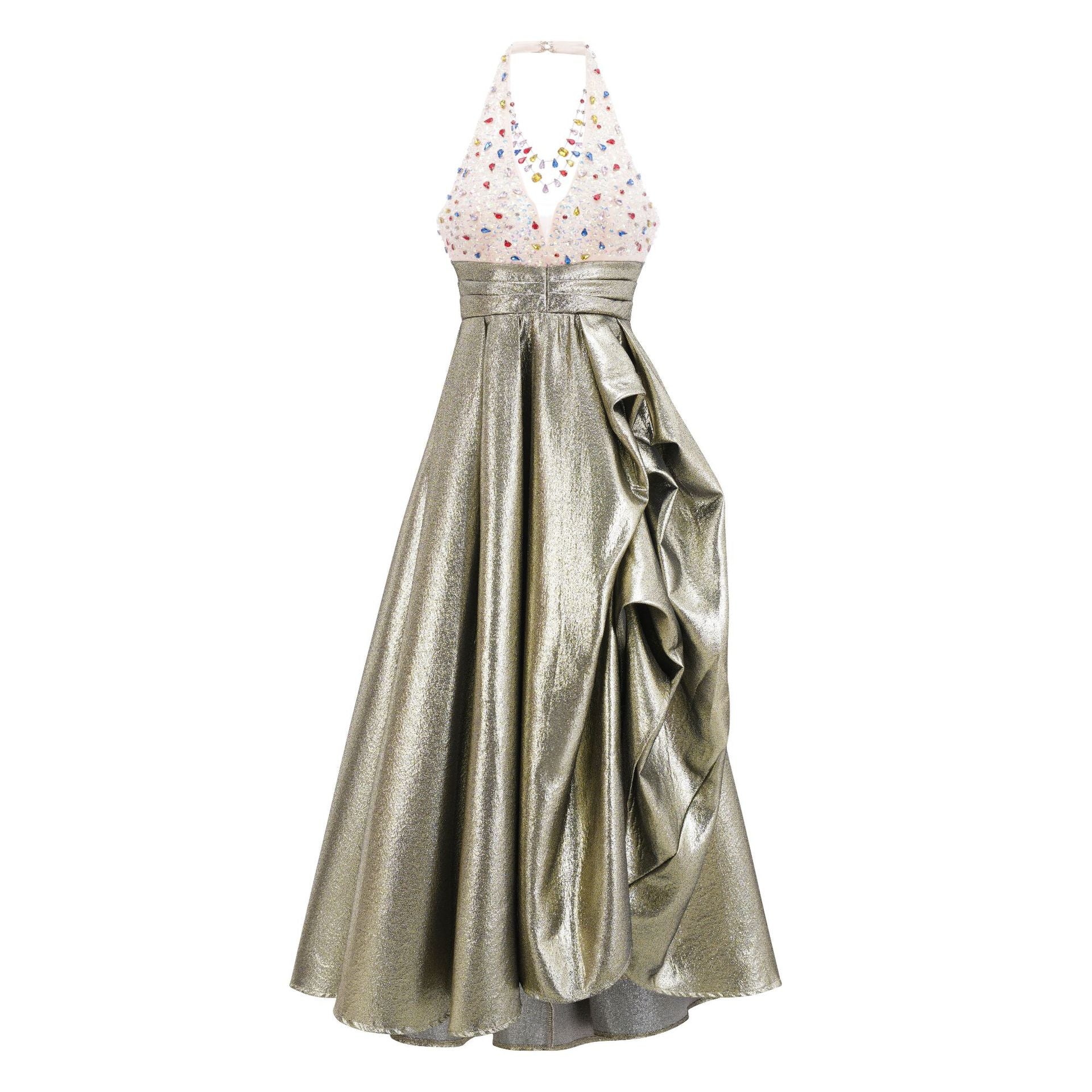 V-Neck Halter Backless Diamonds Gold Beading Prom Dress