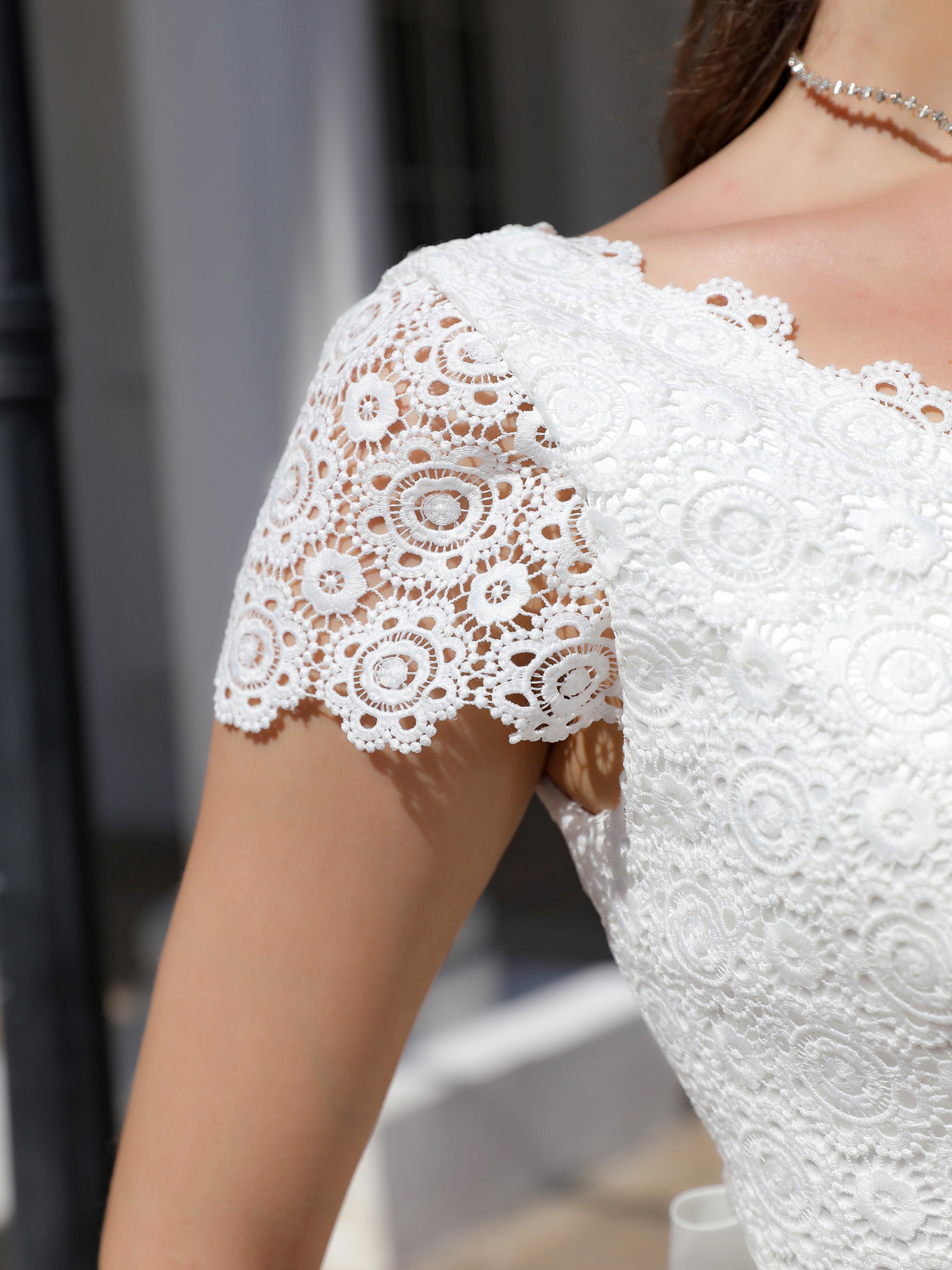 Sweep/Brush Train A Line Short Sleeves Lace Satin Wedding Dress With Beading
