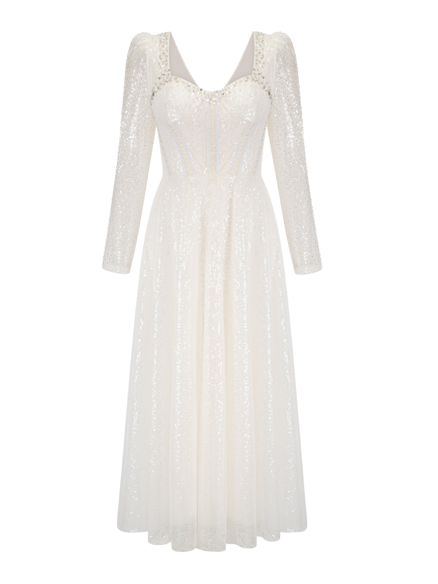 Sparkly White Sweetheart Long Sleeves Sequined Tea Length Prom Dress