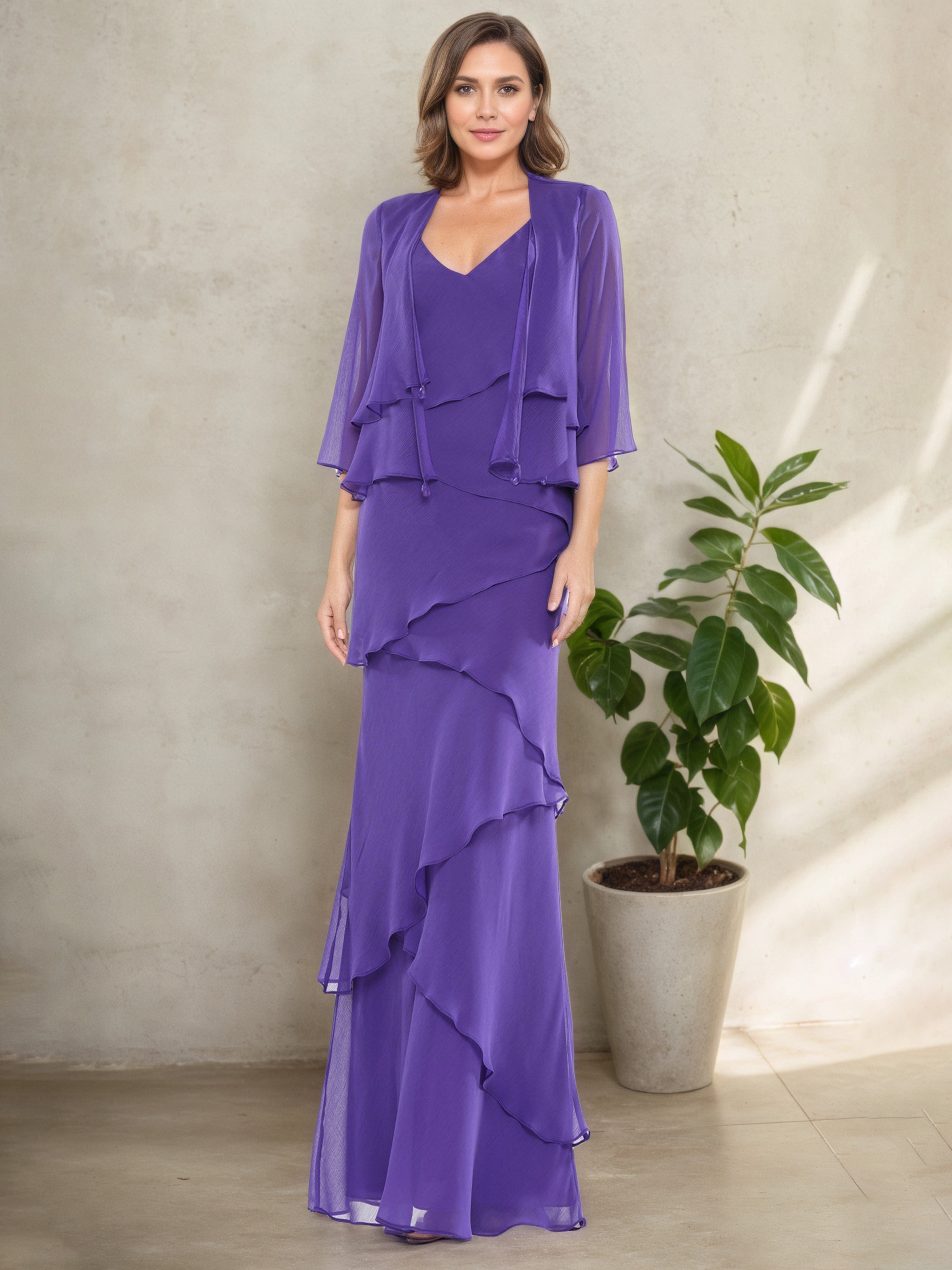 Regency V-Neck Dress Layers 3/4 Sleeves Long Sheath Mother Of The Bride Dress Suits