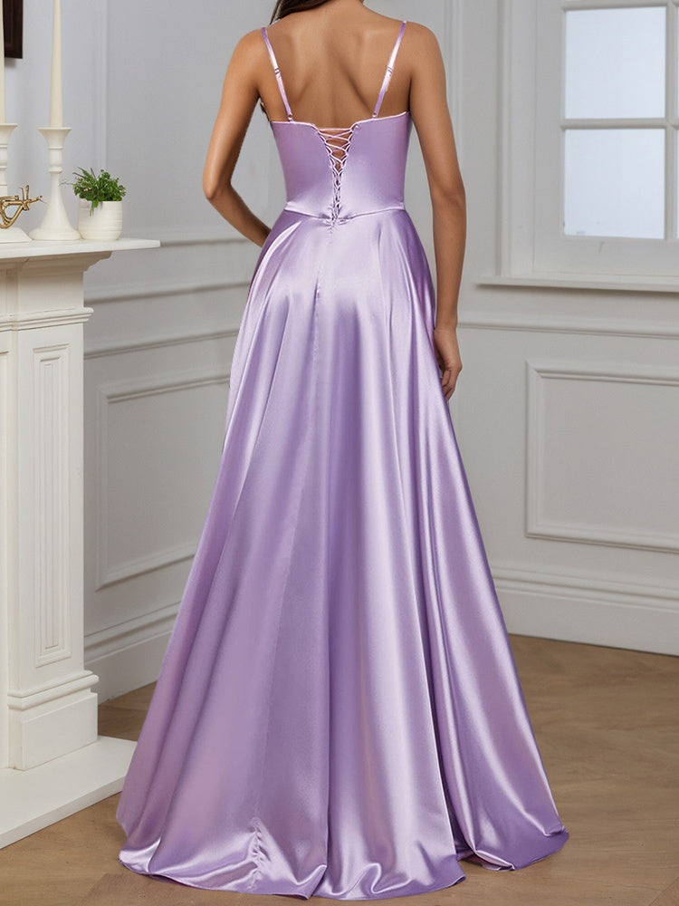 Cicinia Lilac Prom Dresses Soft Satin Spaghetti Straps A-Line Long Evening Dress