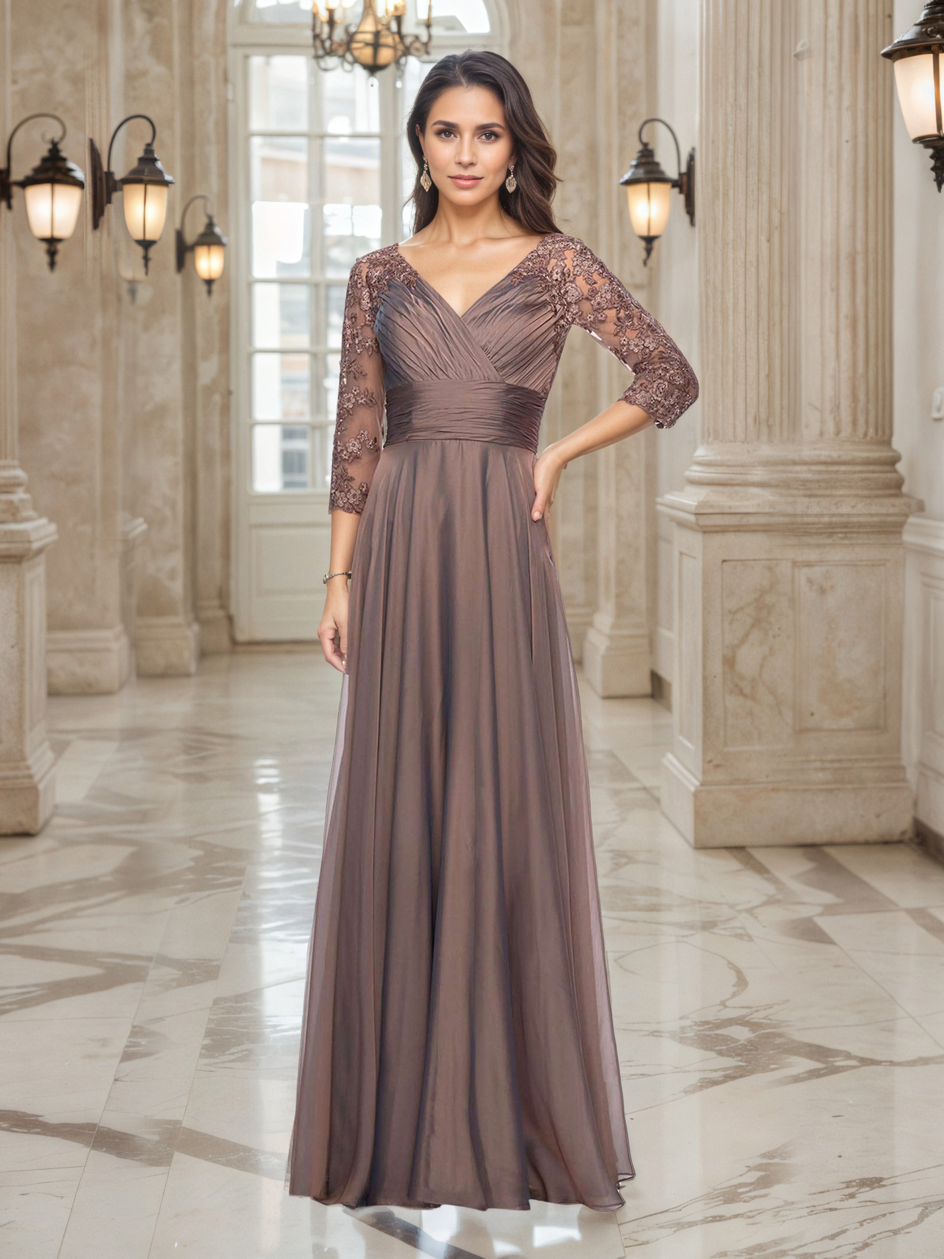 Brown A-Line V-Neck 3/4 Lace Sleeves Sleeves Prom Dress Brown A-Line V-Neck 3/4 Lace Sleeves Sleeves Prom Dress