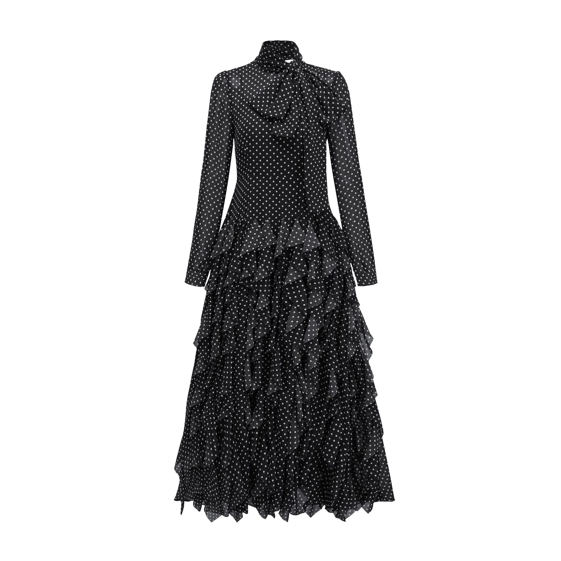 Black Temperament Polka Dot Half High Neck Long Sleeve Prom Dress