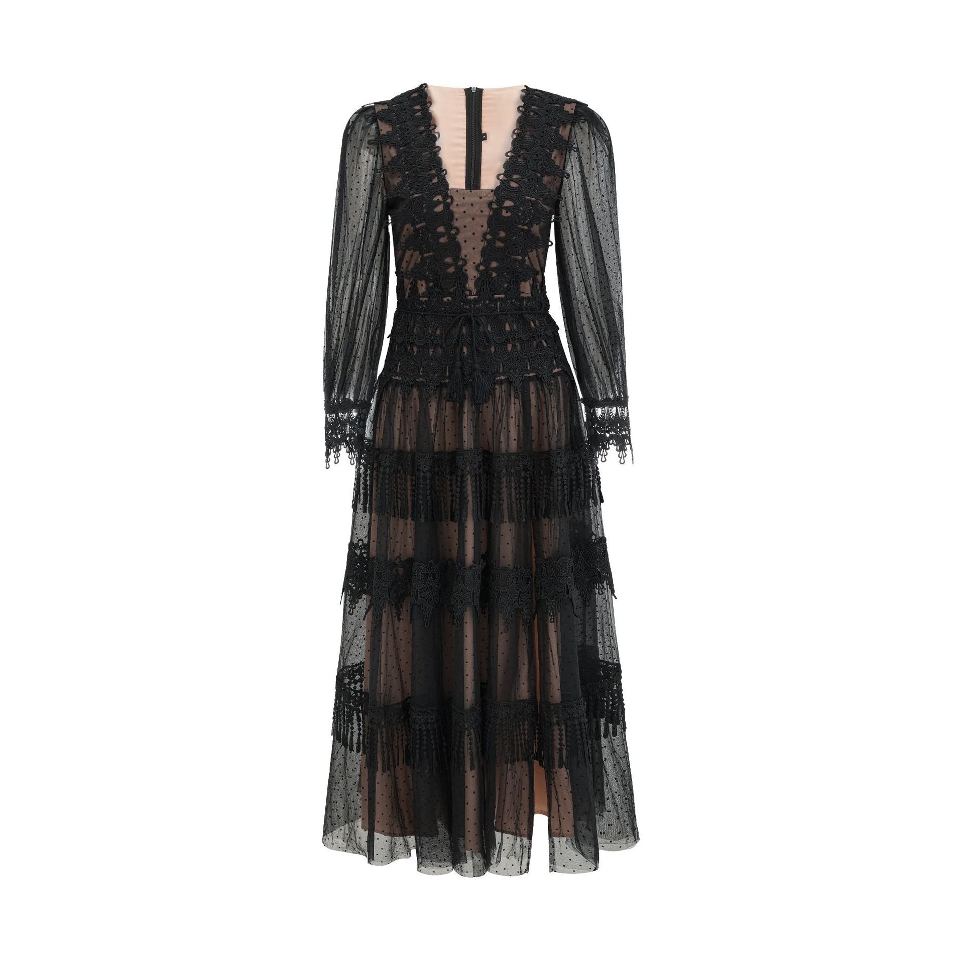 Black Charming V-Neck Polka Dot Tulle Lace Appliqued Long Prom Dress with Slit