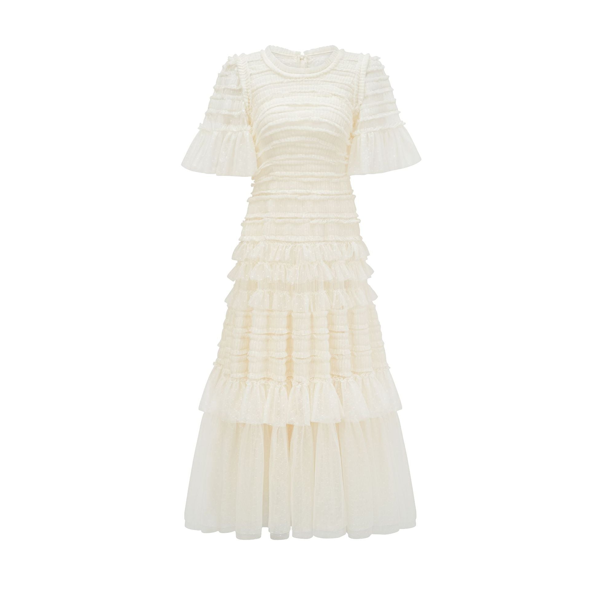 Elegant Half Sleeves Round Neck Layers Apricot Ruffles Long Prom Dress