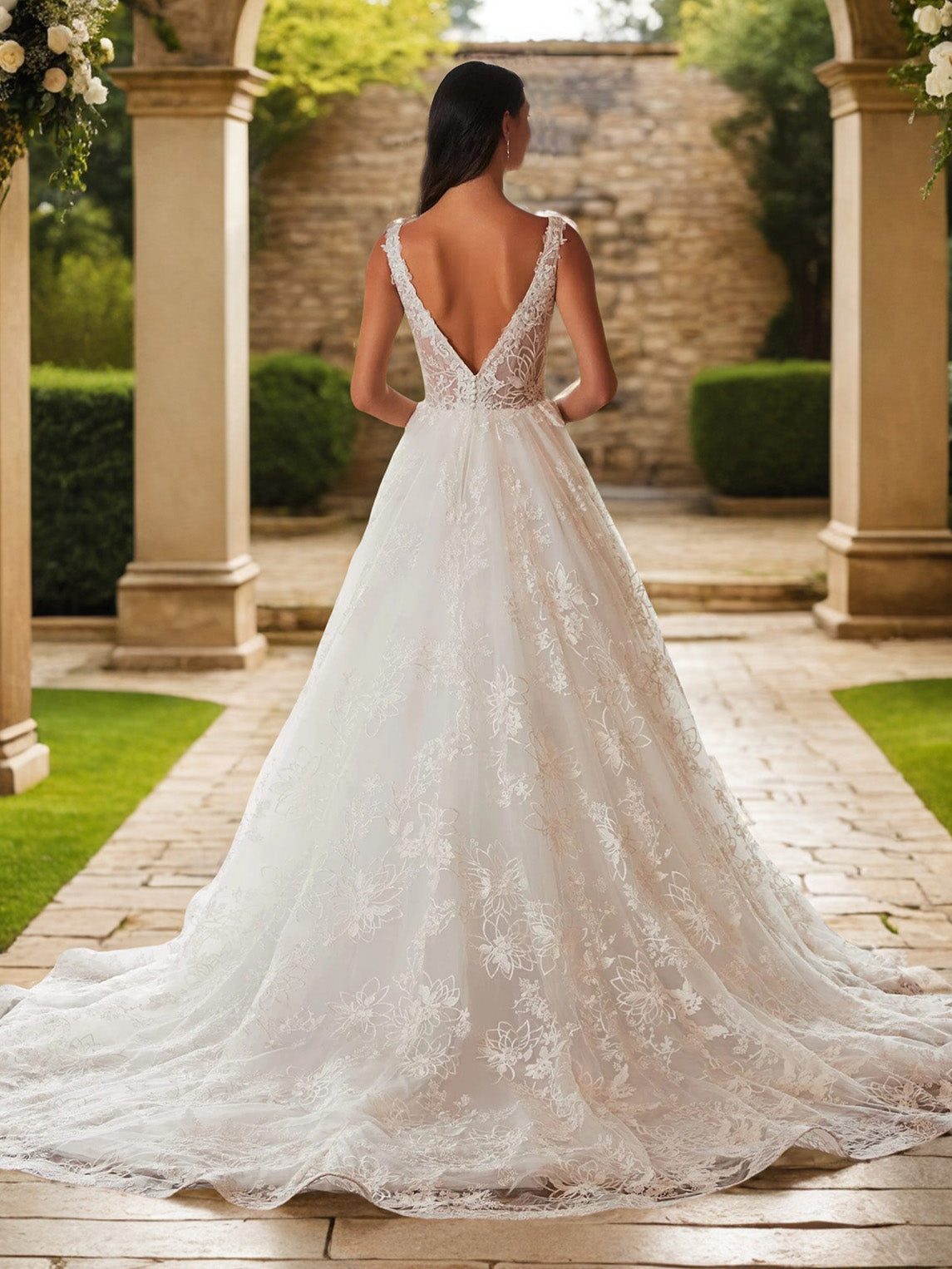 Sweep/Brush Train V-Neck Removable Long Sleeve Tulle Wedding Dress