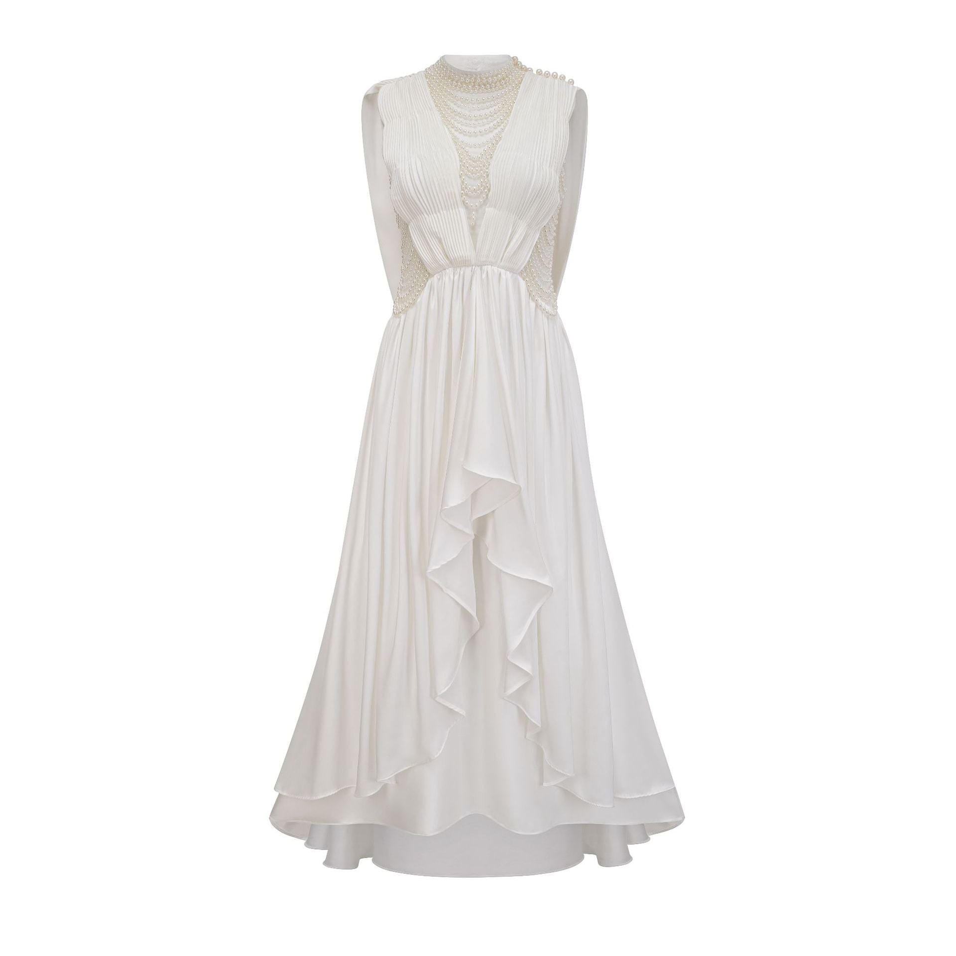 A Line Sleeveless Beading Round Neck High Waist White Asymmetrical Long Prom Dress